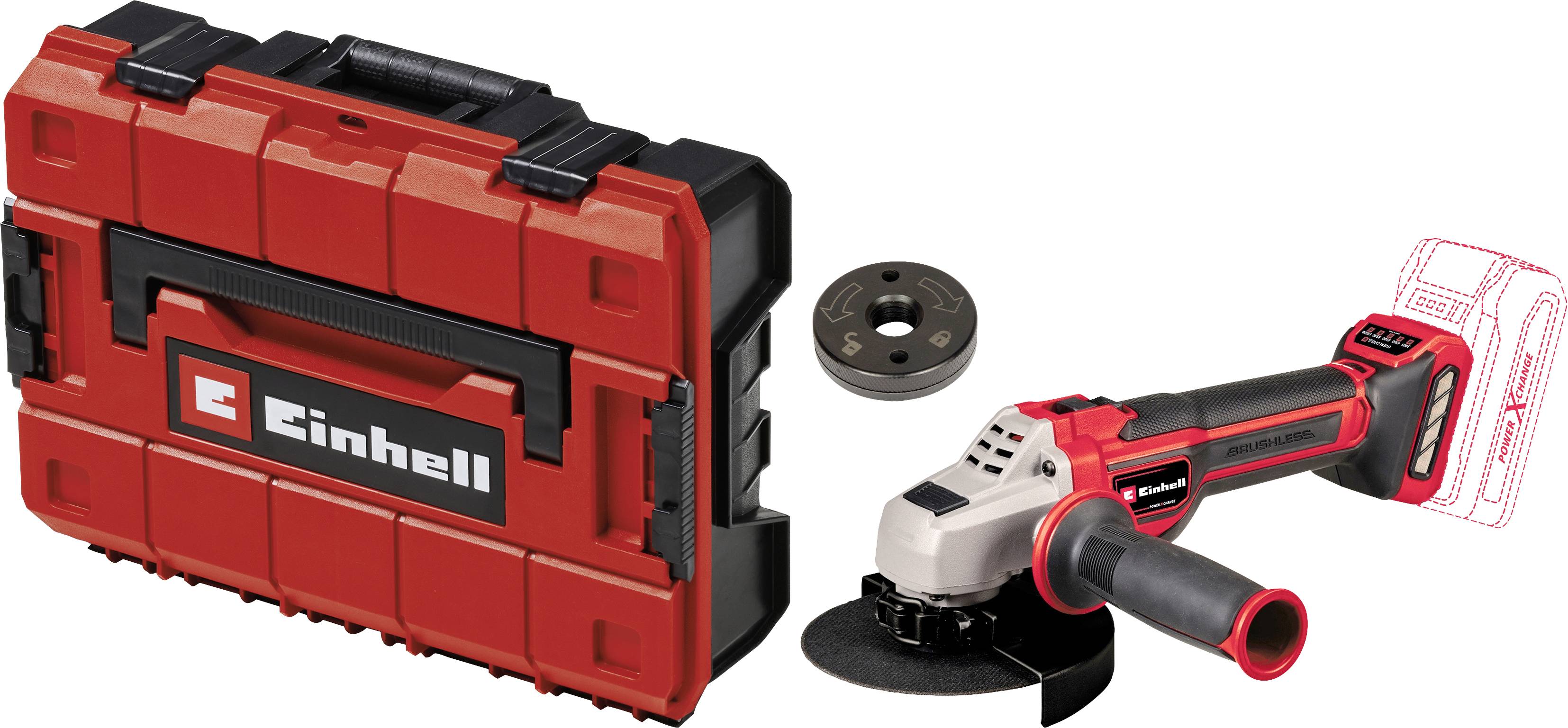 Einhell 4431155+4540011 Cordless angle grinder 125 mm w/o battery, w/o charger, incl. quick-release nut, incl. E-Case 18 V