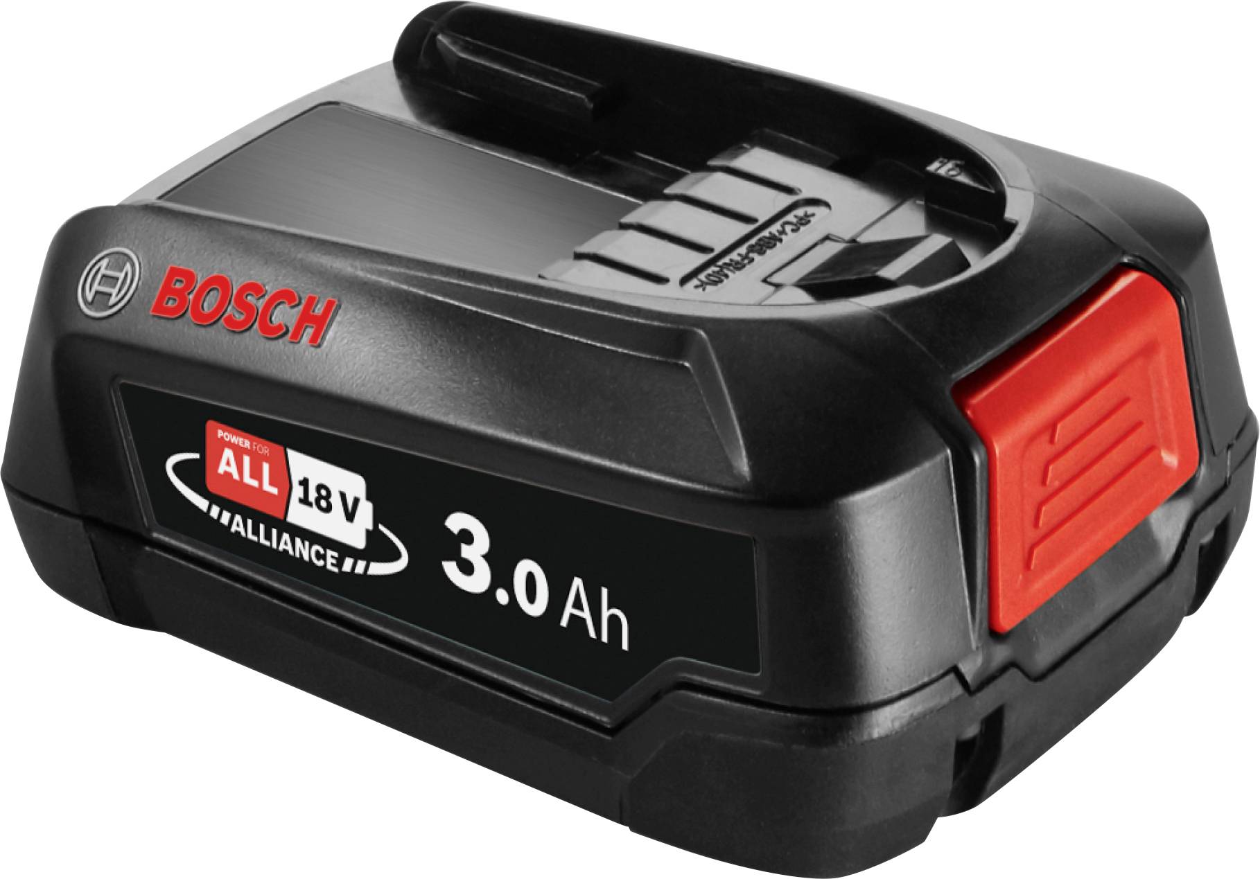 A Bosch 18V 3.0 Ah rechargeable battery, black with red highlights, designed for power tools, showing the brand logo and voltage details.