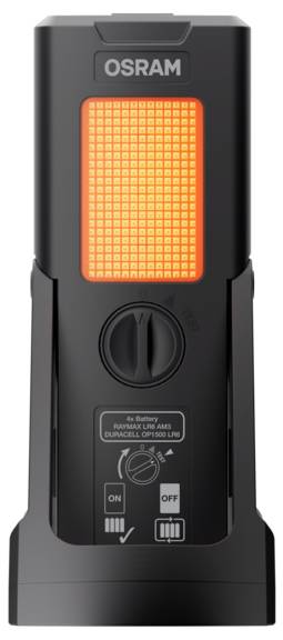 A black rectangular electronic device with an orange LED display, labeled 'OSRAM' at the top. Features an on/off switch and diagram below.