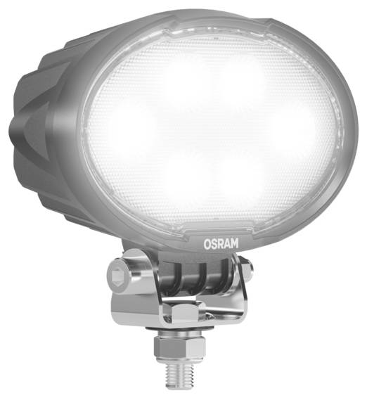 Oval-shaped LED work light with a robust metal mount, designed for outdoor or industrial use. Emits bright light for enhanced visibility.
