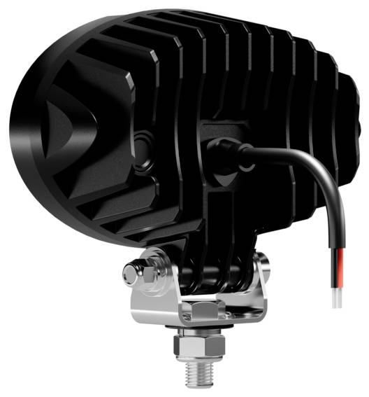 A black LED work light with a ribbed back for heat dissipation, mounted on a bracket with a black and red wire extending from it.