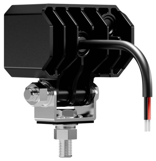 A black and silver industrial sensor with a cable attached, mounted at an angle on a metal bracket with a bolt for securing.