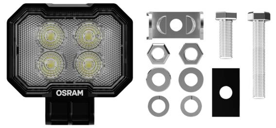 OSRAM LED light with four round bulbs, accompanied by mounting hardware including bolts, nuts, washers, and brackets.