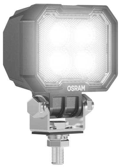 A compact, rectangular LED work light with four bright bulbs, mounted on an adjustable bracket, branded 'OSRAM'.