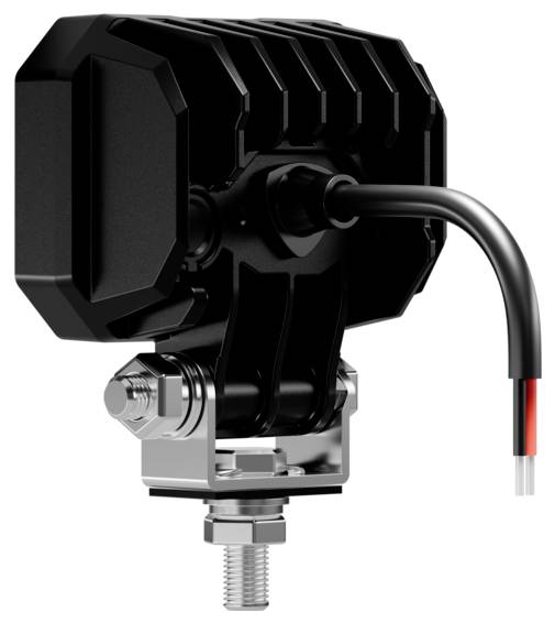 A black industrial-grade LED light fixture with mounting hardware and wires, designed for outdoor use.