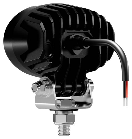 A black LED light fixture with a durable, ribbed design and a mounting bracket, shown from the back with an attached cable.