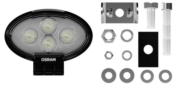 An oval-shaped LED light with four bulbs labeled 'OSRAM'. To the right, various mounting hardware pieces including screws, nuts, and washers.
