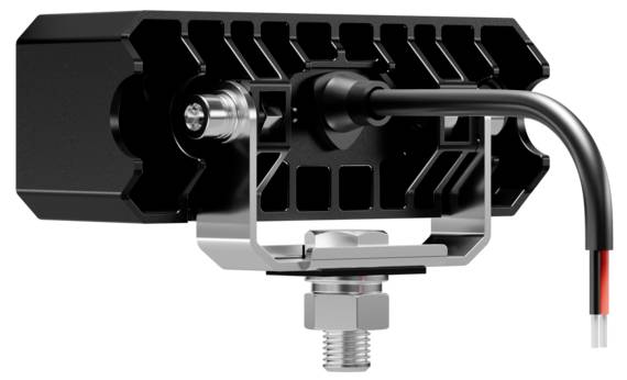 A black modular bracket with a cylindrical connector and a bolt attachment is shown, featuring a cable extending from one end.