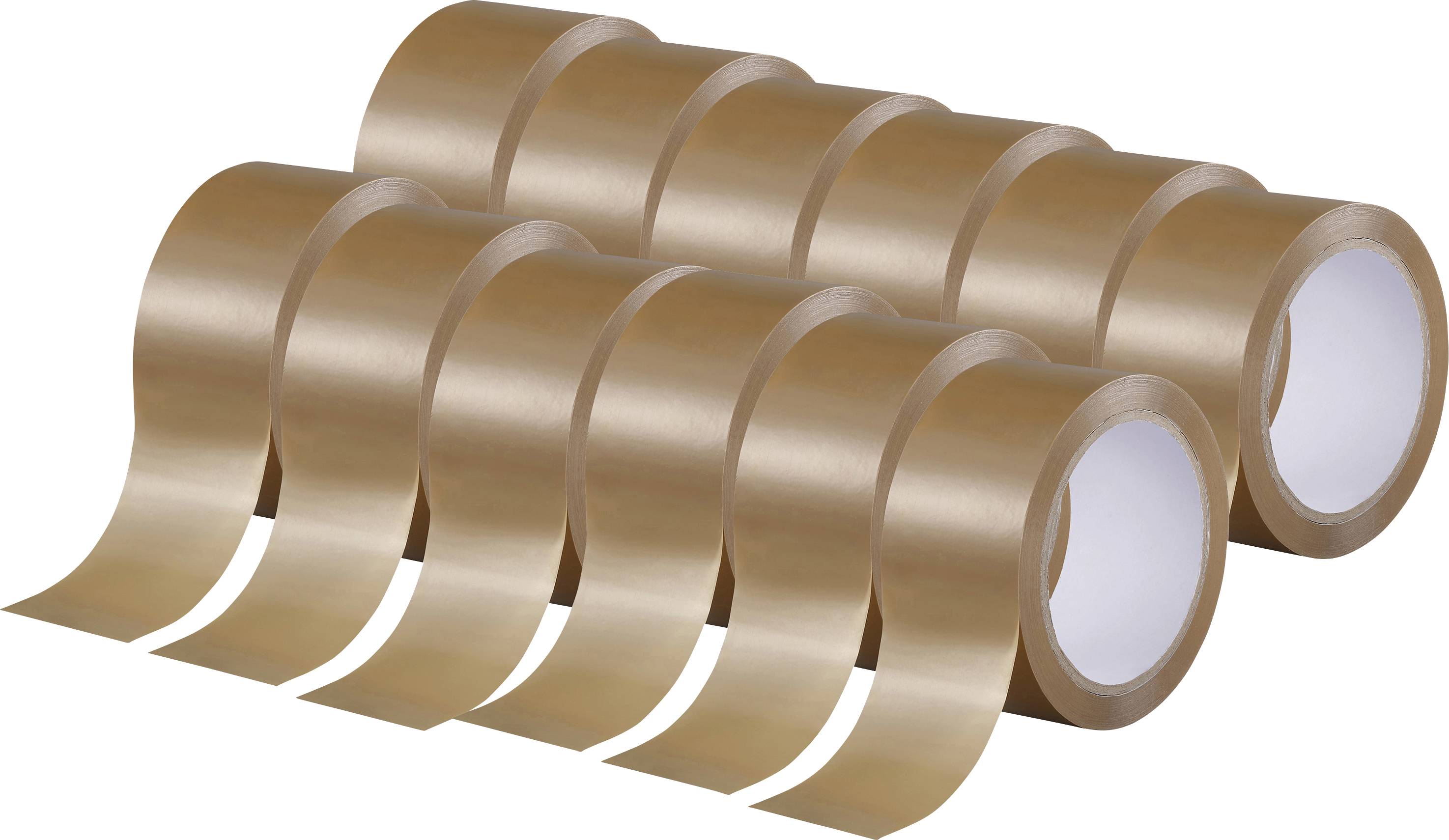 Set of ten brown adhesive tape rolls lined in two rows, with white inner rings visible, angled slightly showing tape unwinding.