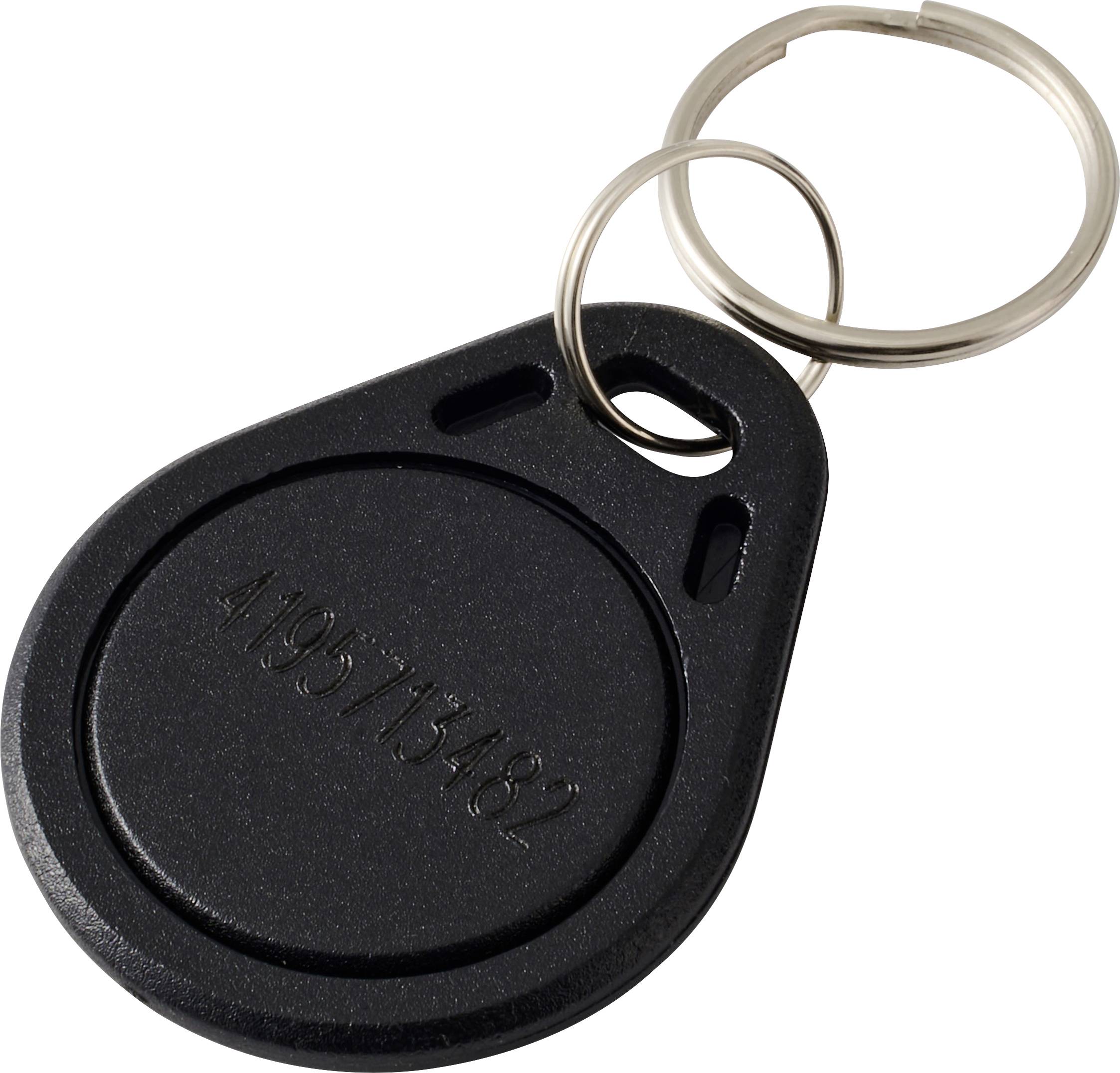 A black circular key fob with a silver keyring, engraved with numbers. Used for access control or identification.