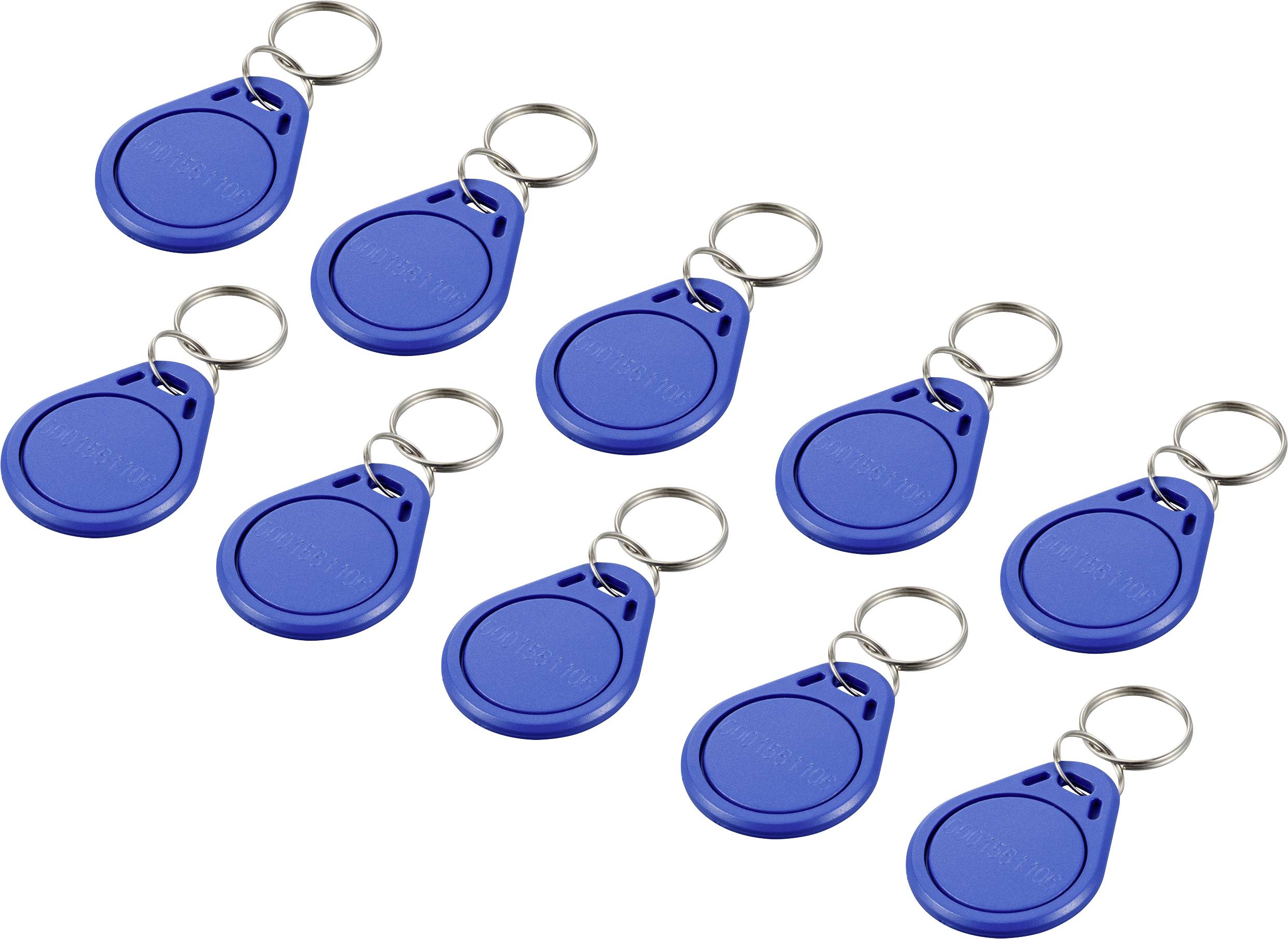 Ten blue key fobs with metal rings are arranged in rows.