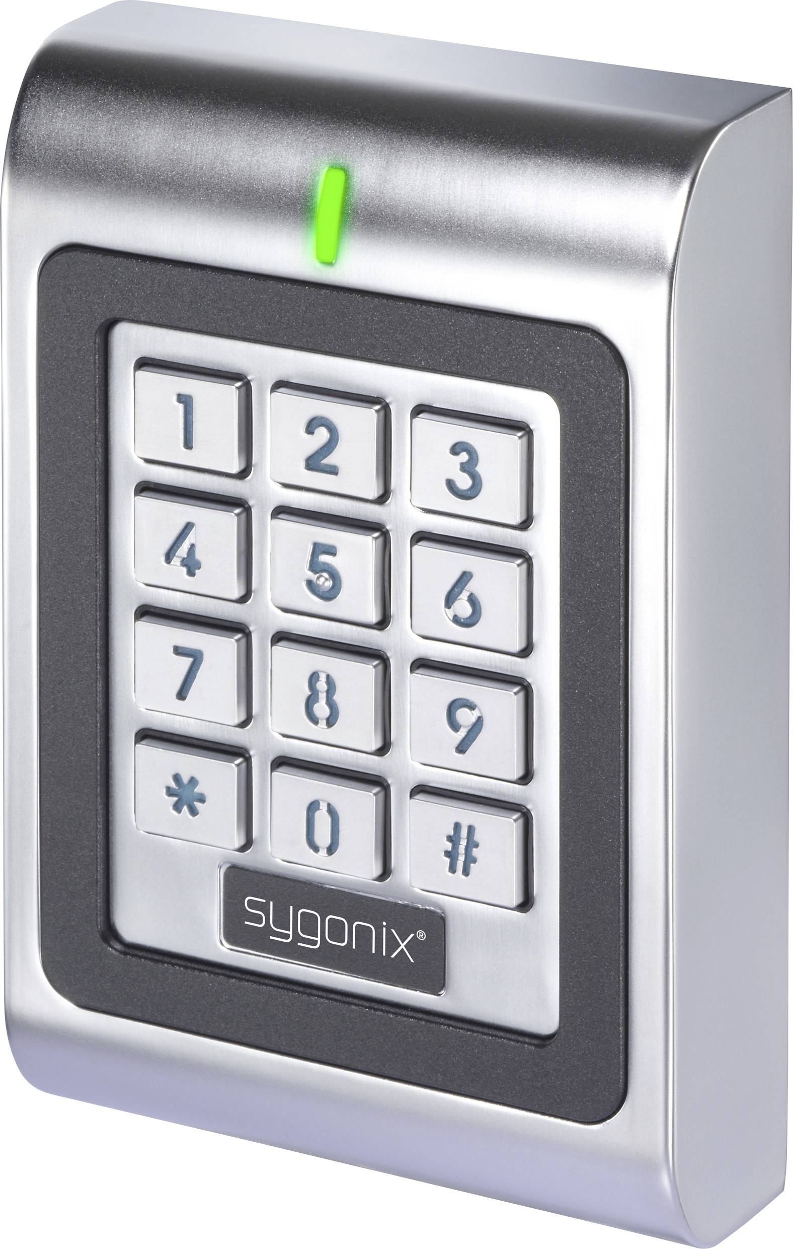 A metallic keypad with keys numbered 0-9 and symbols *, #, beneath a green indicator light.