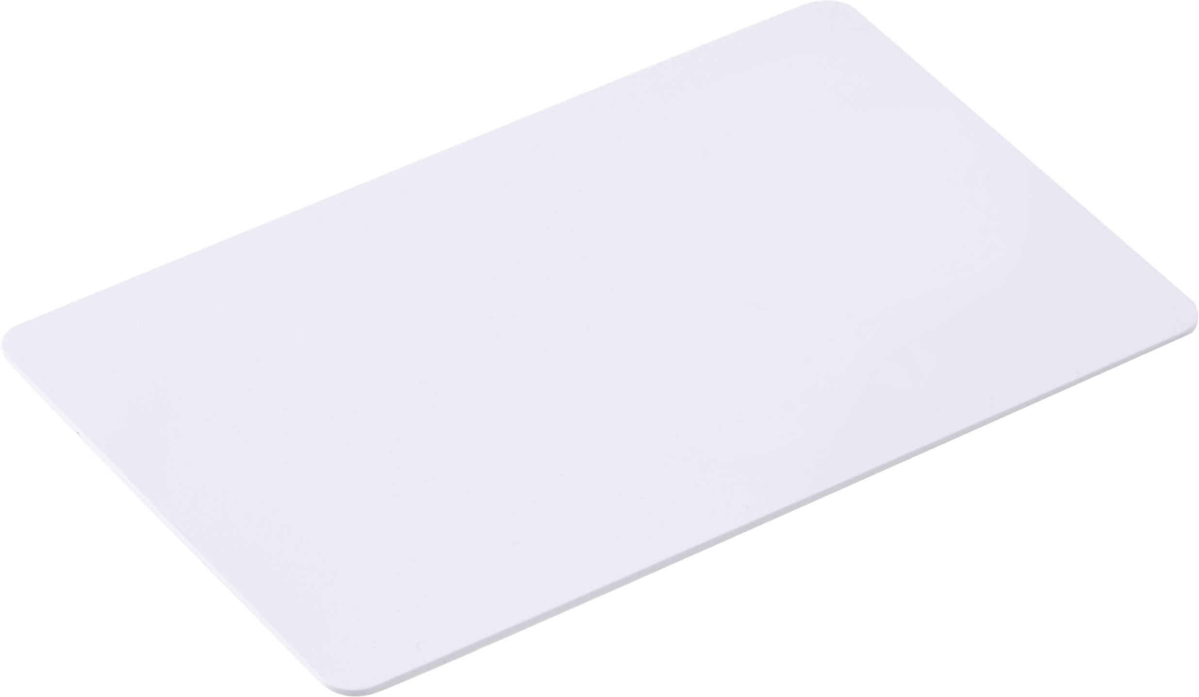 A plain white rectangular card with rounded corners, viewed from an angle on a simple white background.