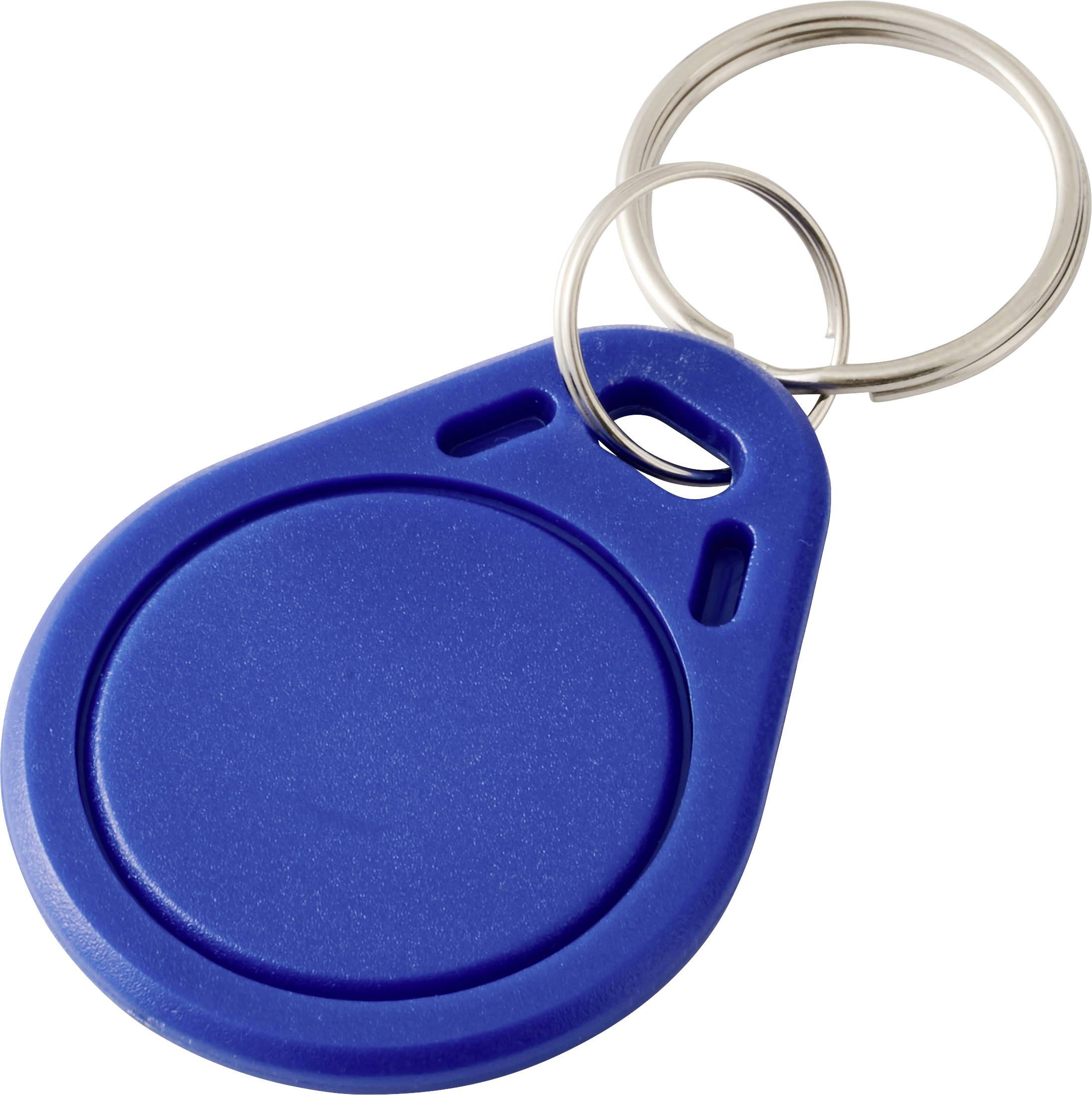 A blue RFID key fob with a round shape and a silver keyring attached, used for access control or electronic identification systems.