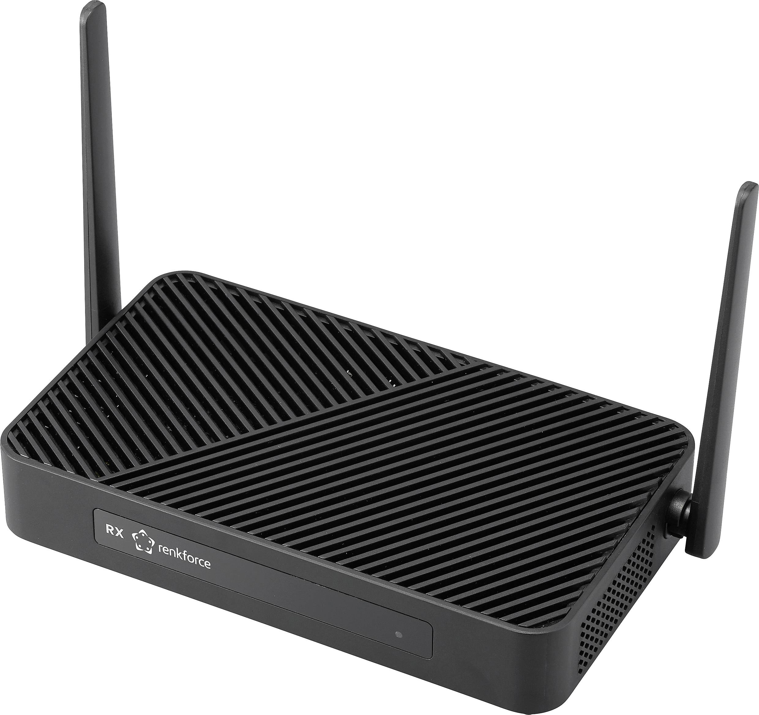 A black wireless router with two antennas, featuring a textured surface and a small indicator light.
