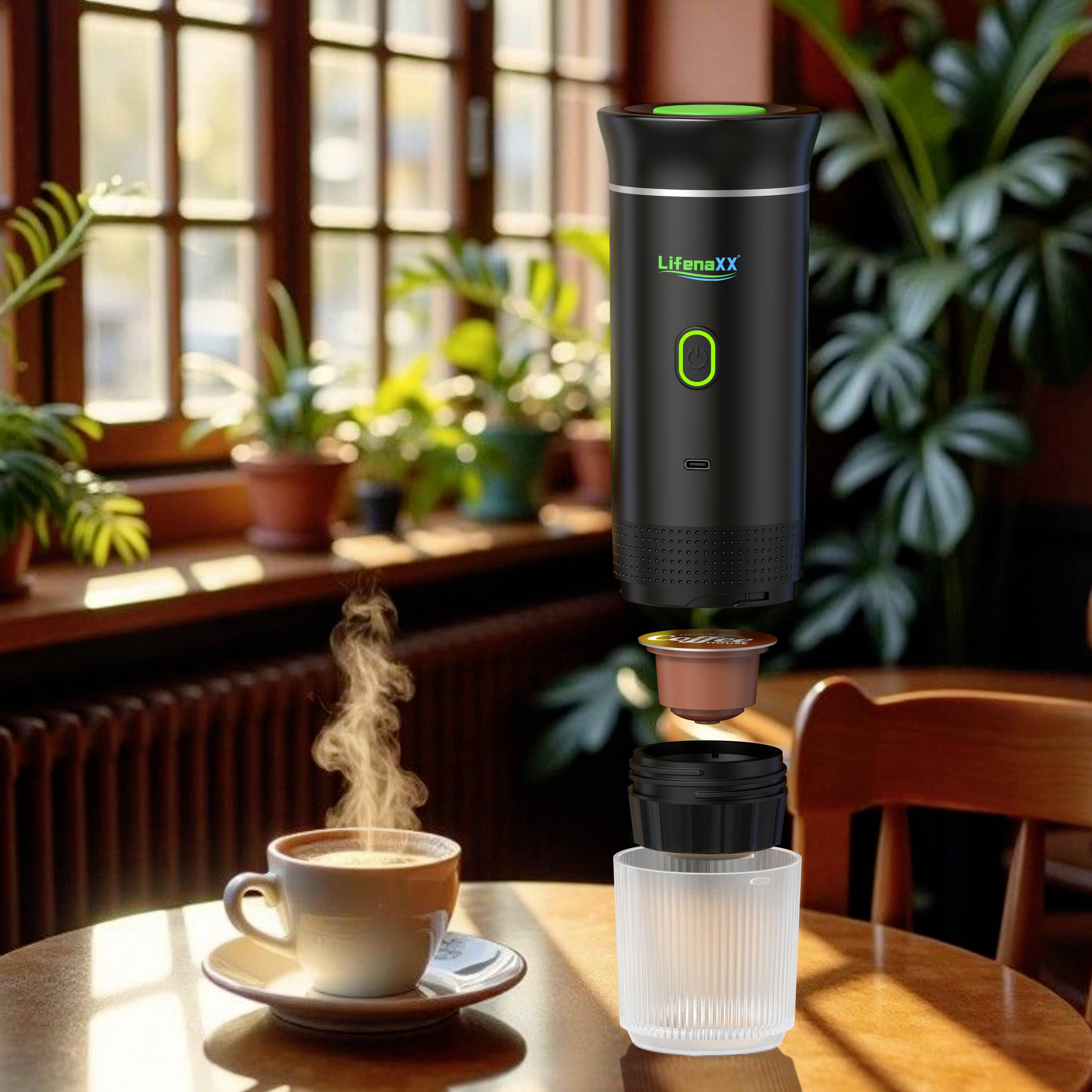 A black portable coffee maker with a green button beside a steaming cup on a wooden table in a cozy cafe with potted plants and sunlight.