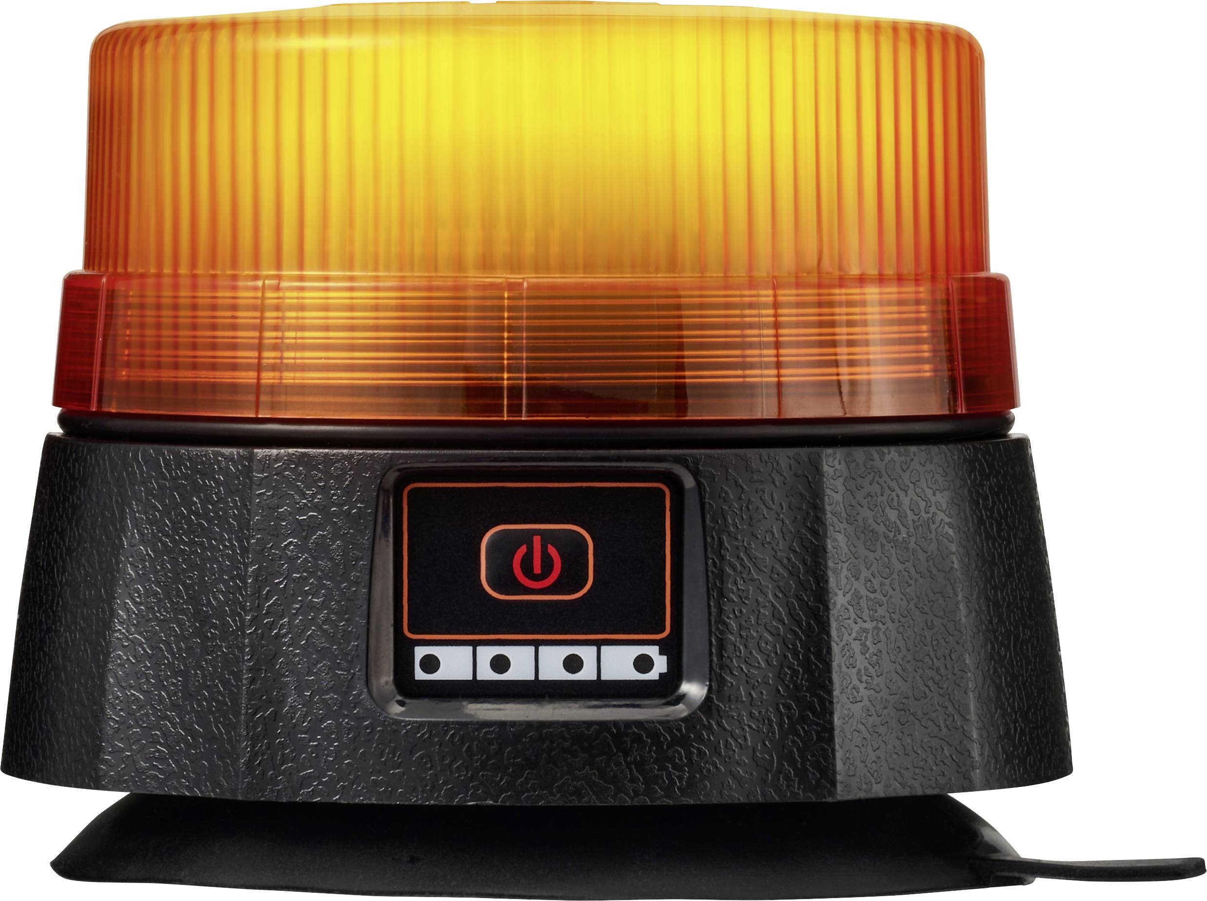 A black and orange emergency warning light with an on/off button, used for signaling hazards or alerts.