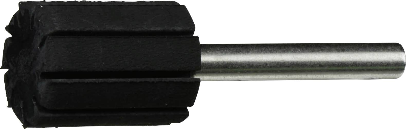 A black cylindrical grinding stone with a metal shank, used for polishing or shaping surfaces.
