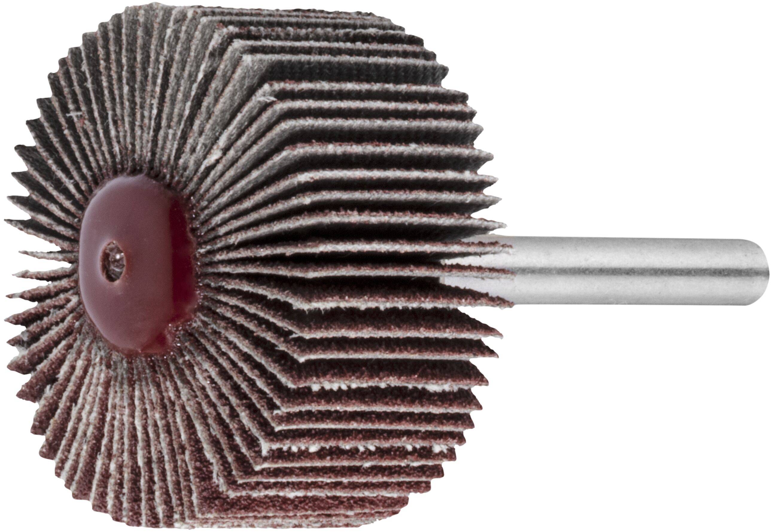 A cylindrical abrasive flap wheel with a metal shaft, used for smoothing or polishing surfaces, shown against a white background.