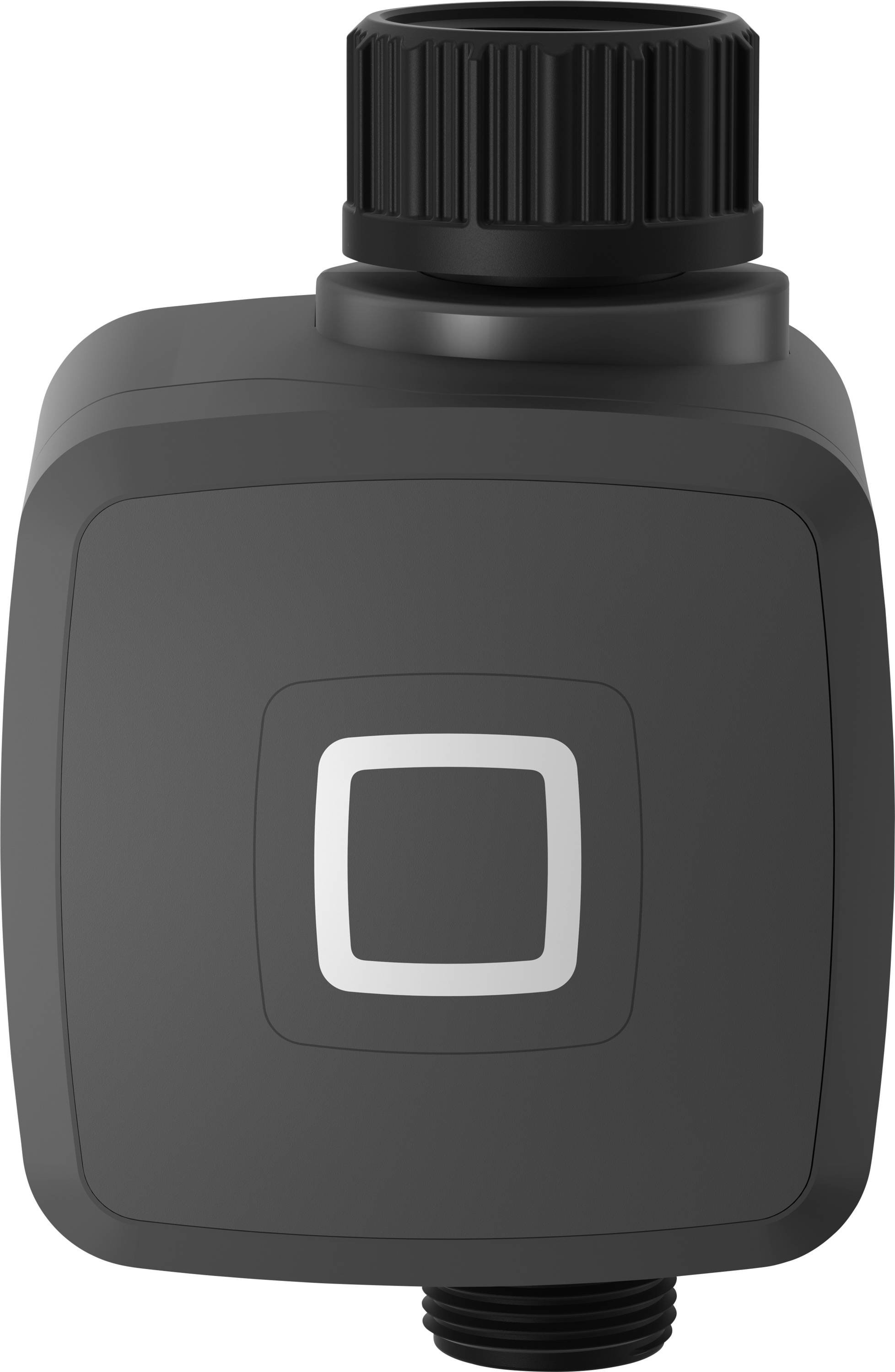 A black rectangular device with a screw-on cap and a central square decorative element, possibly a sensor or electronic component.
