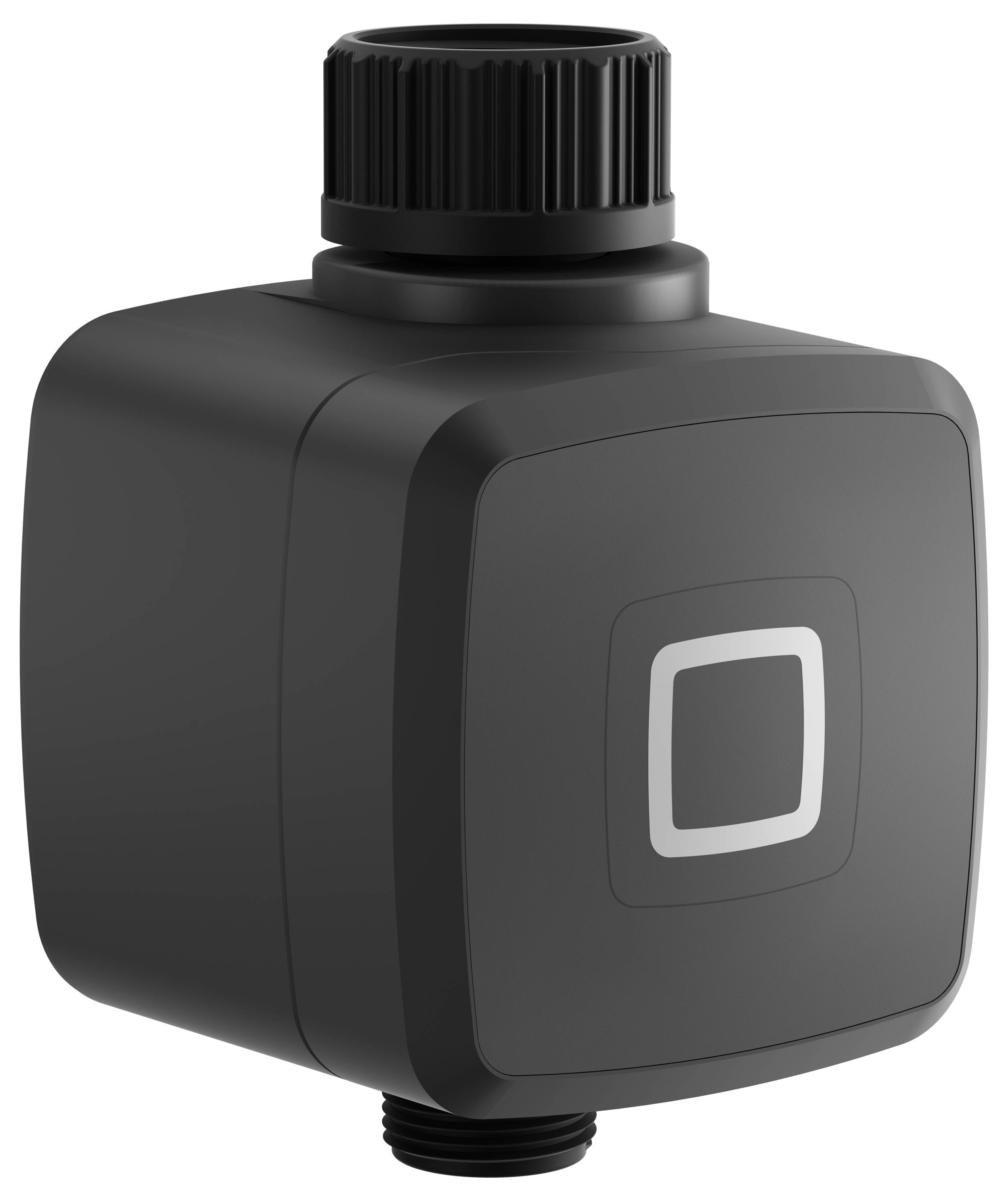 A small, black, rectangular water valve is shown with a central knob. It features a silver square pattern and is designed for plumbing systems.