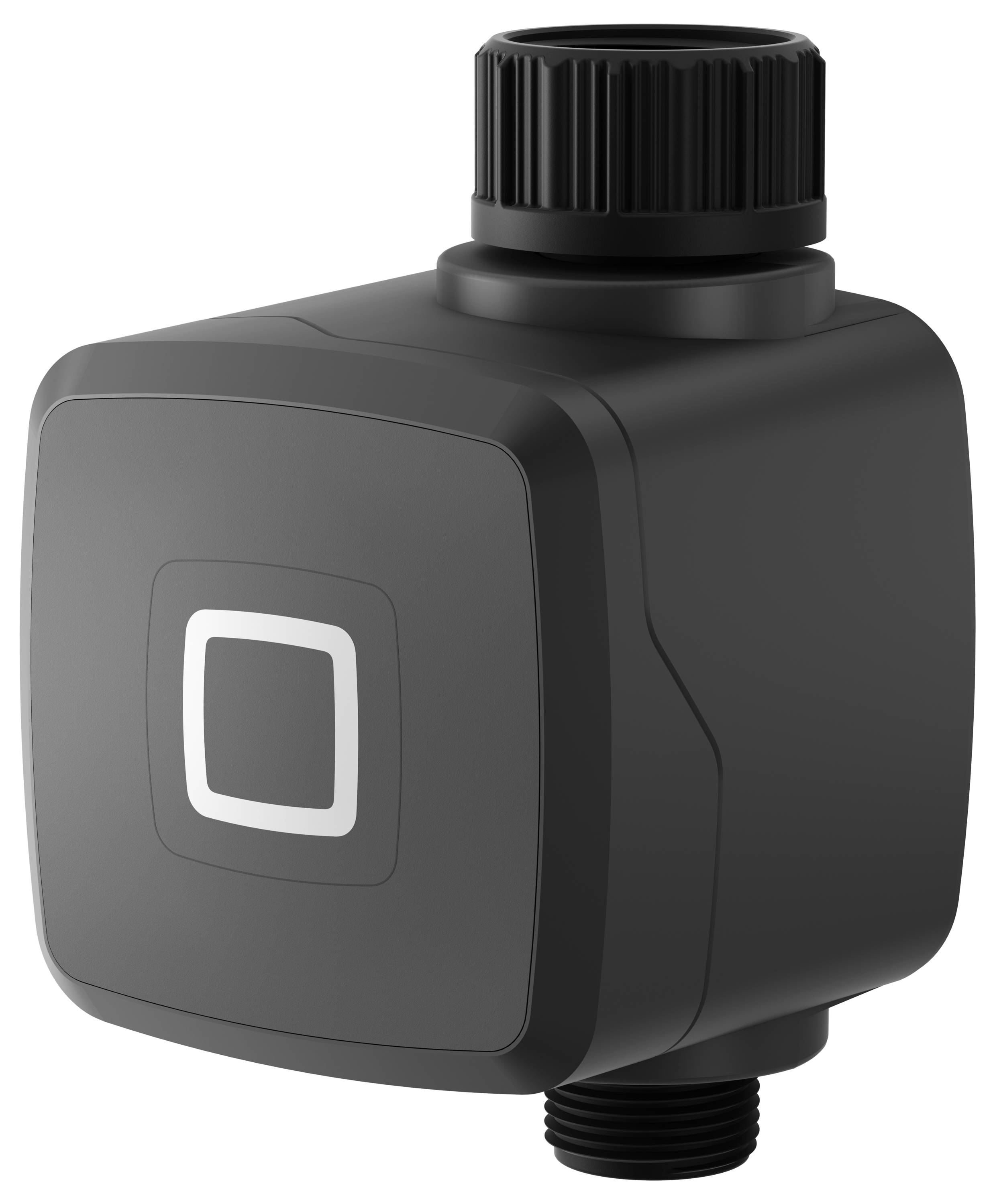 A compact, black, cube-shaped electronic device with a central square indicator and a screw-like attachment on top, likely a sensor.