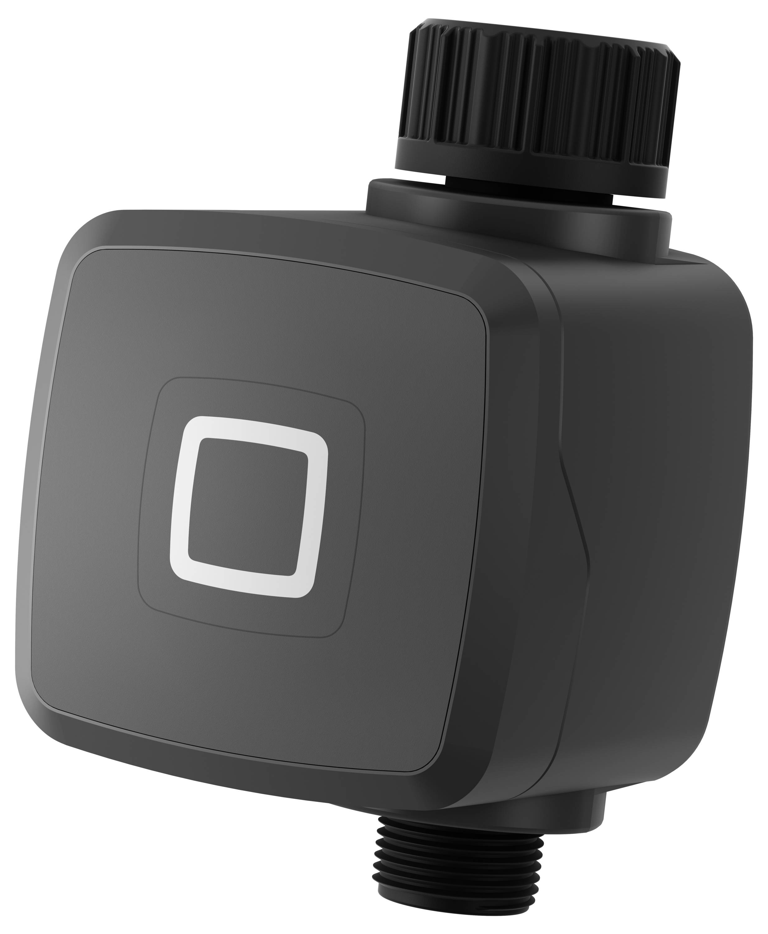 A black, compact, square-shaped electronic sensor device with a ribbed cap and connector at the base, used in industrial applications.