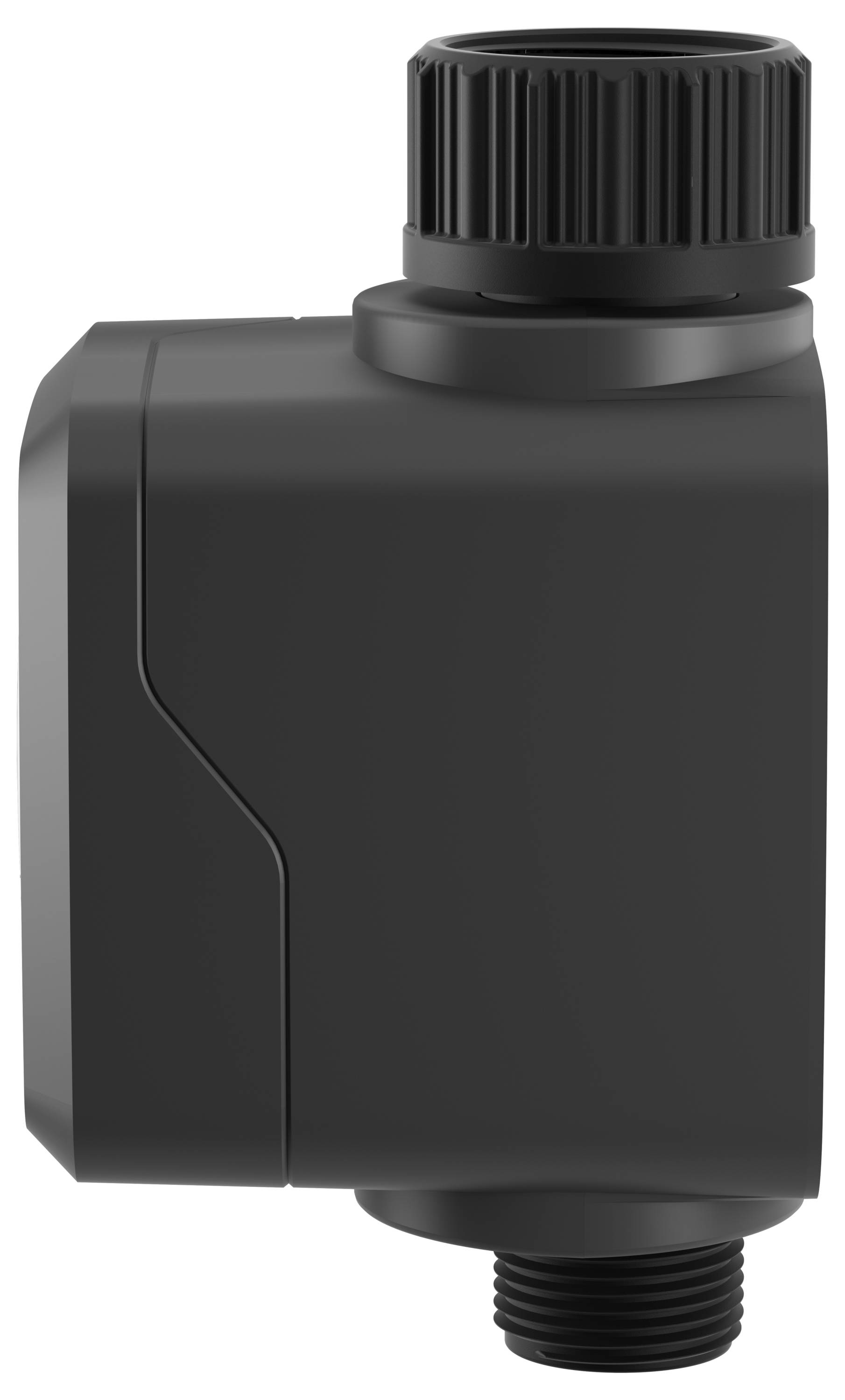 A black plastic electronic connector with a cylindrical plug and screw-threaded end, viewed from the side against a plain background.