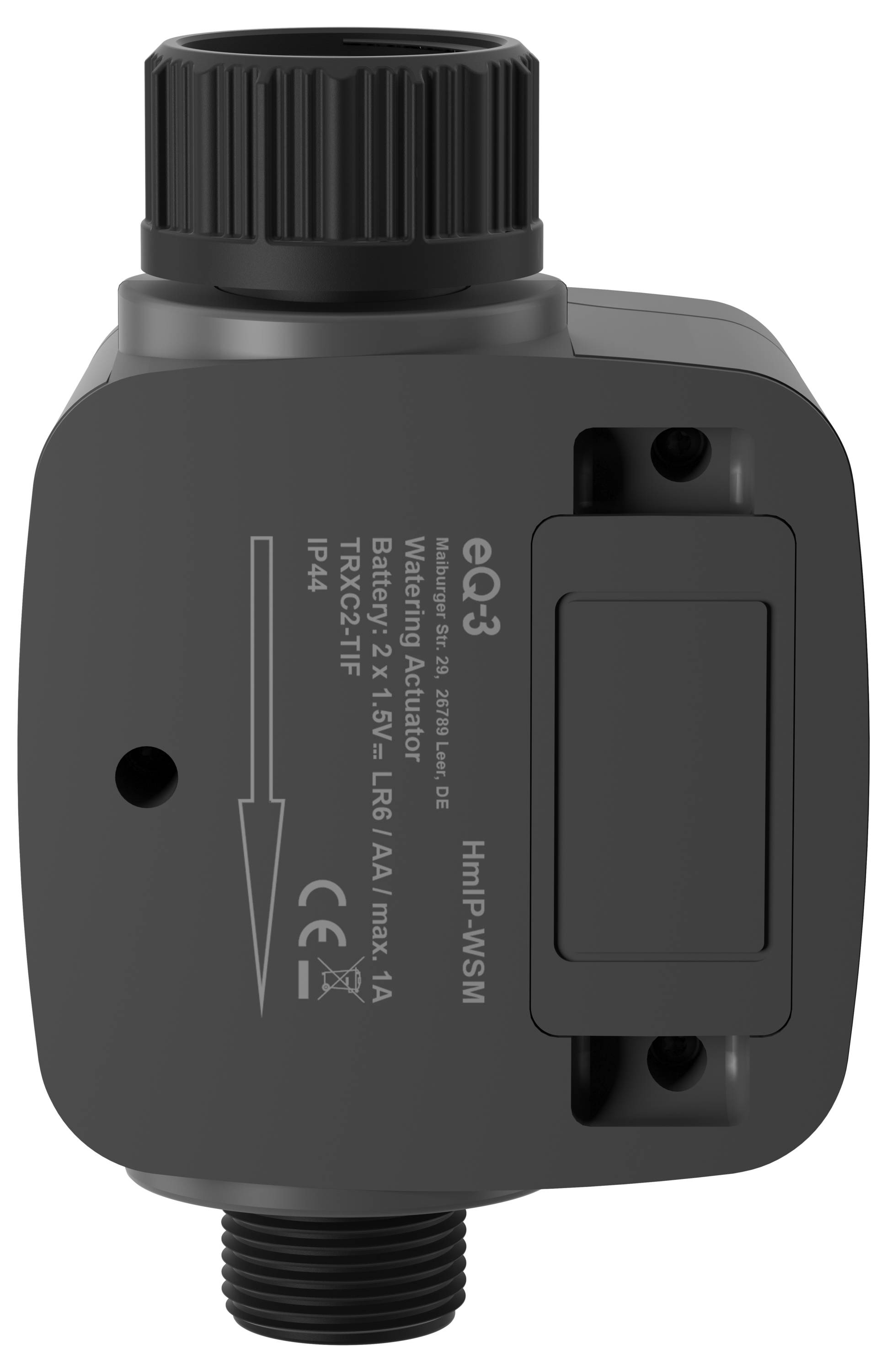 A black watering actuator with a cylindrical top and a rectangular front panel, featuring labels indicating Bluetooth connectivity and IP44 rating.