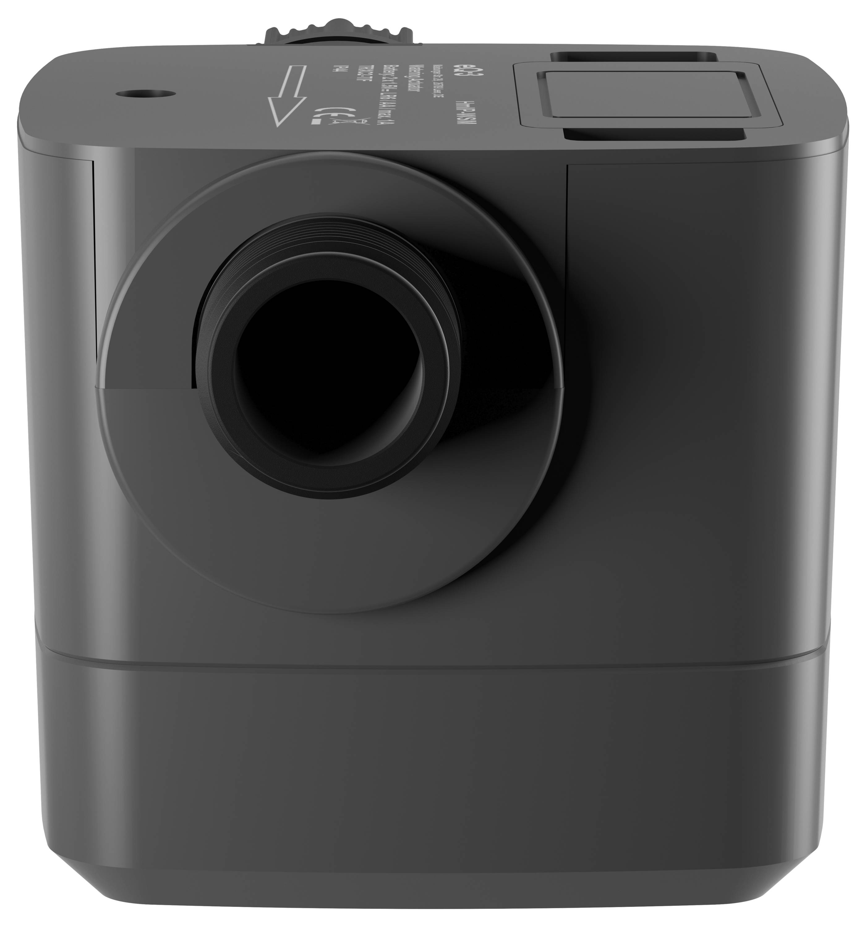 A black, rectangular air pump with a nozzle on the front and two buttons on the top, designed for inflating objects.