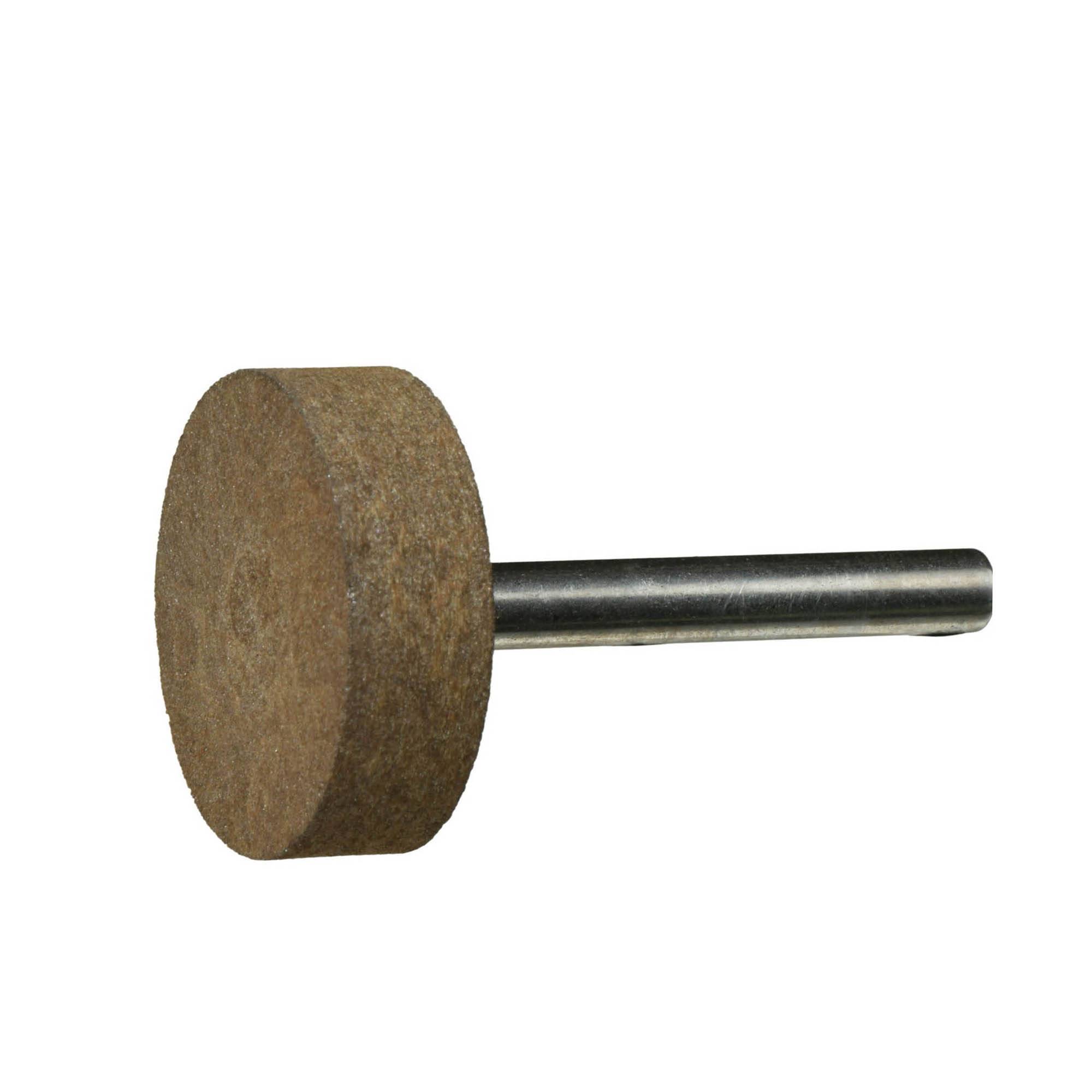 A round brown grinding wheel with a metal shank, used for polishing or sanding surfaces, shown against a plain background.