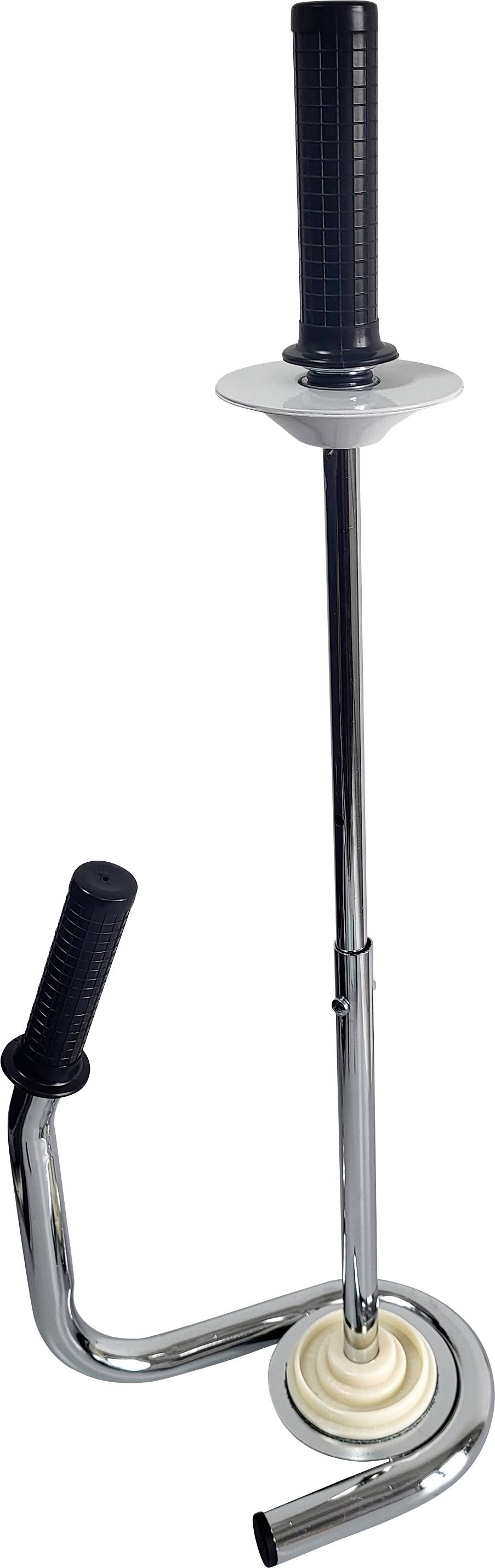 A chrome boot-shaped stick with a black handle, designed for use in a urinal, incorporates a plunger and secondary side handle.