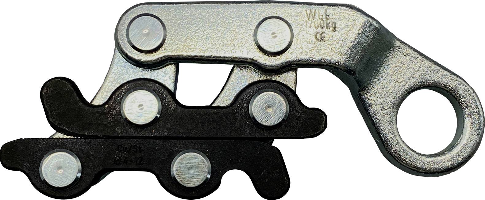 A wire rope clamp made of metal with a secure fastening mechanism, used for gripping and tensioning wire ropes, shown from a side angle.