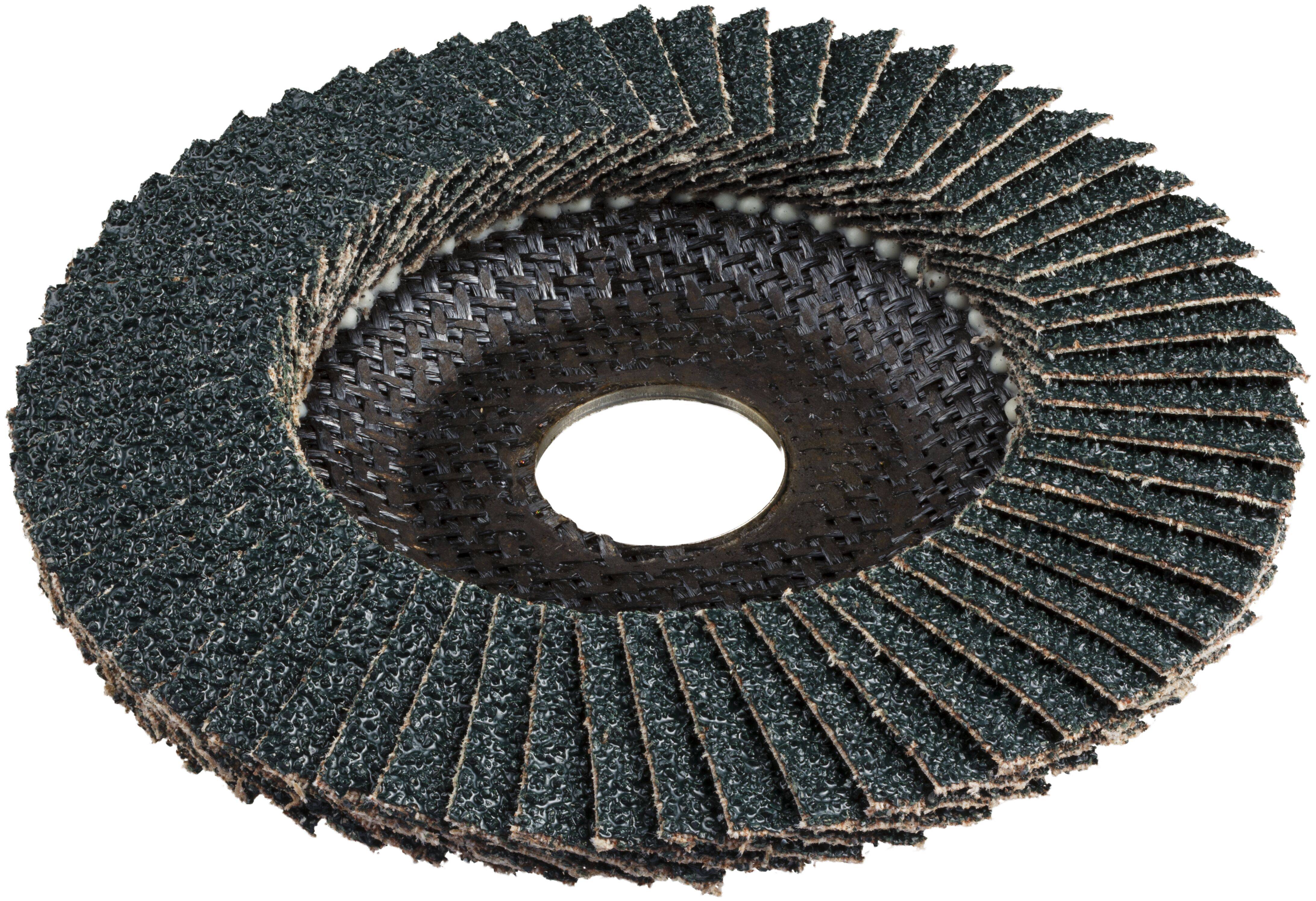 A black abrasive flap disc with overlapping sandpaper segments for grinding and finishing metals, shown against a white background.