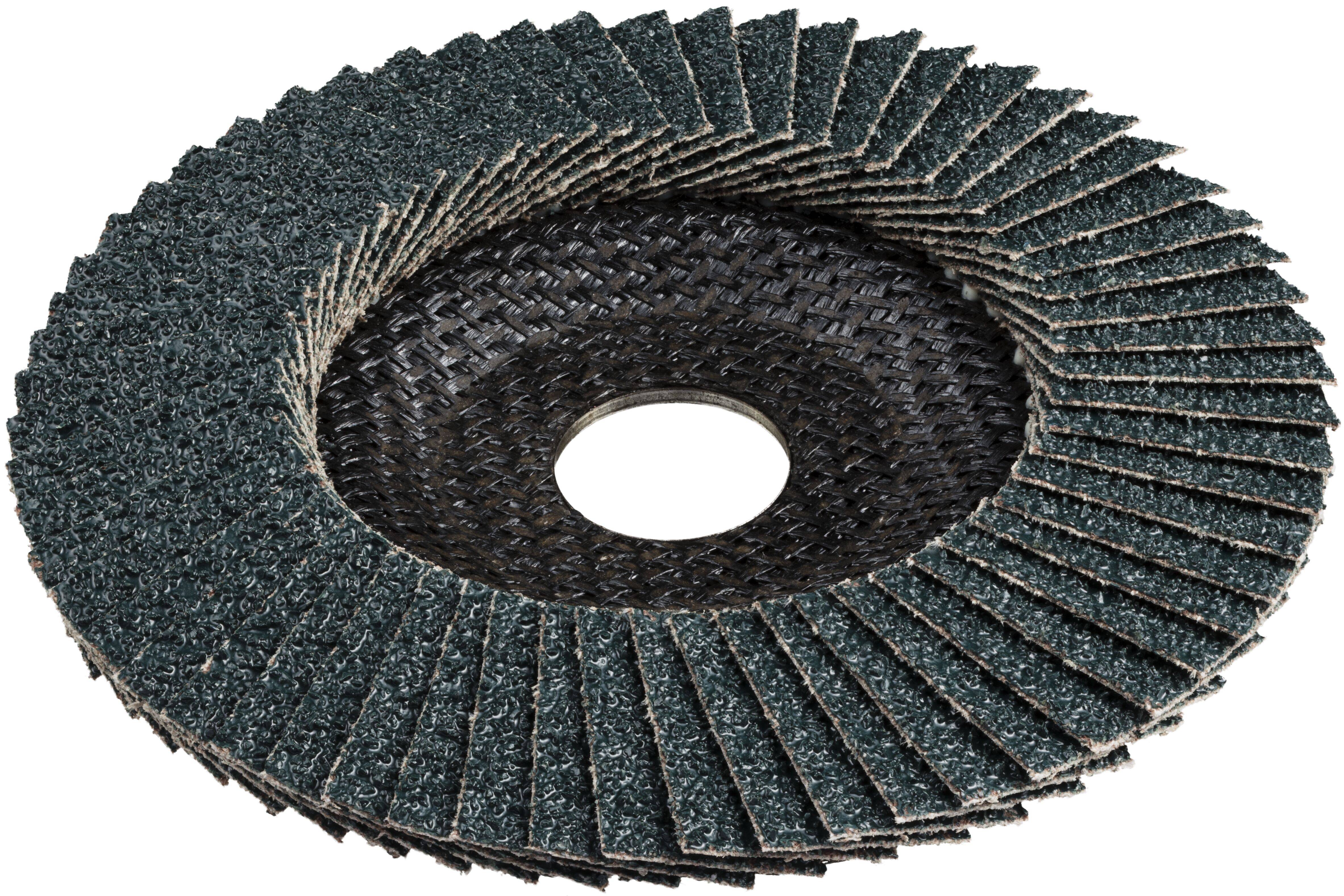 A black abrasive flap disc with overlapping grit-coated flaps arranged around a central hole, used for grinding and finishing metal surfaces.
