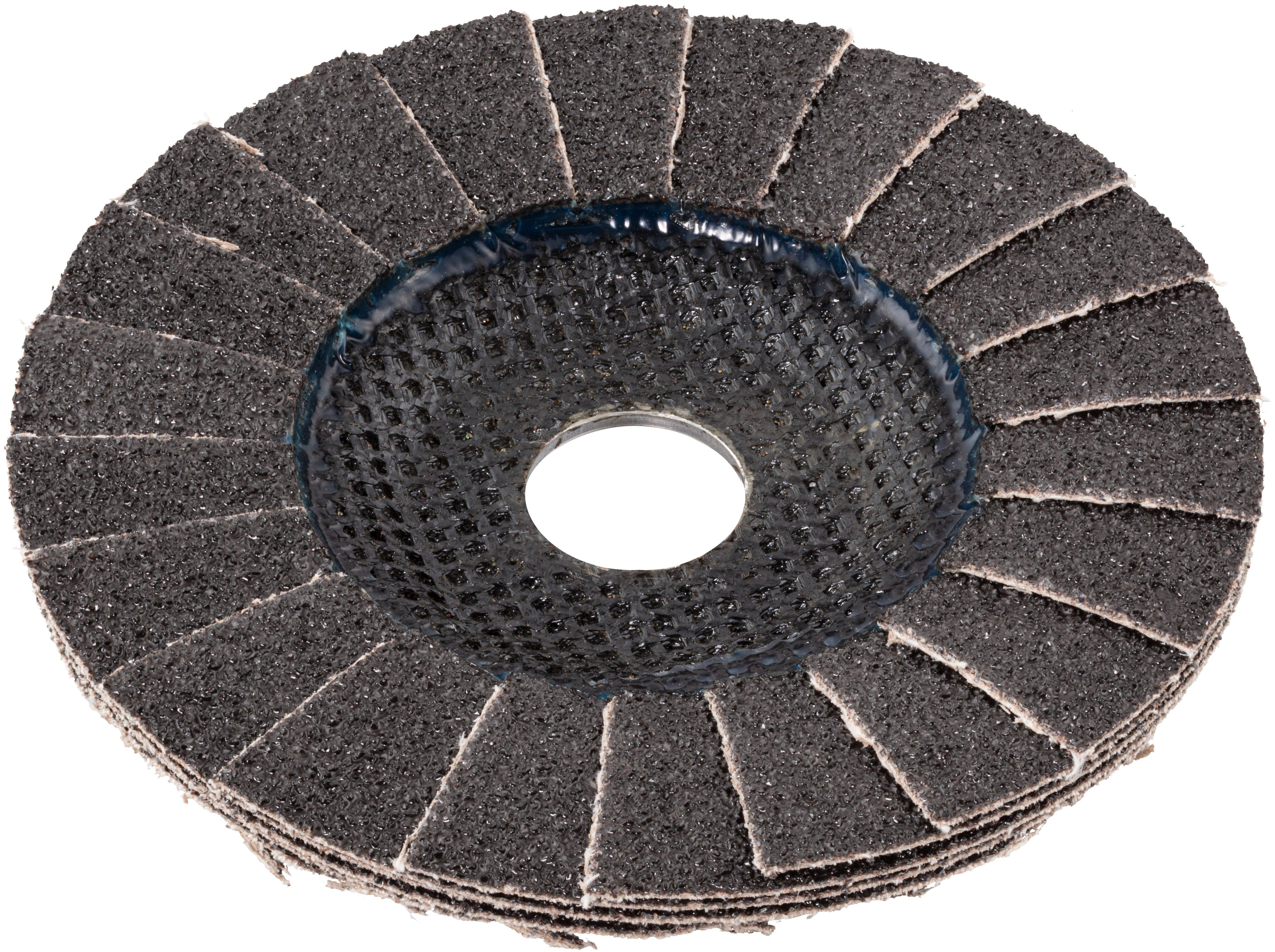 Abrasive flap disc with layered flaps for grinding and polishing metal surfaces, showing texture and circular shape.