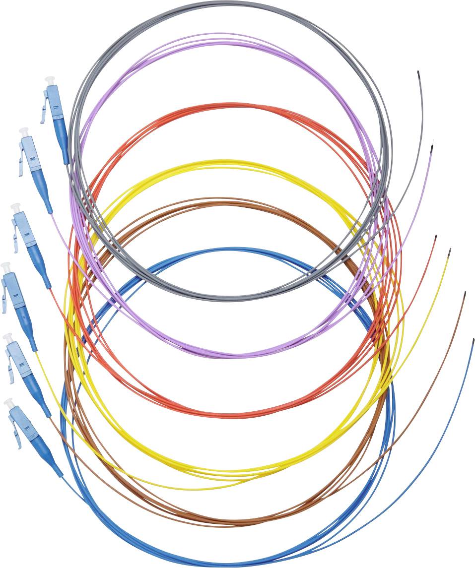 A collection of colorful fiber optic cable loops with connectors.