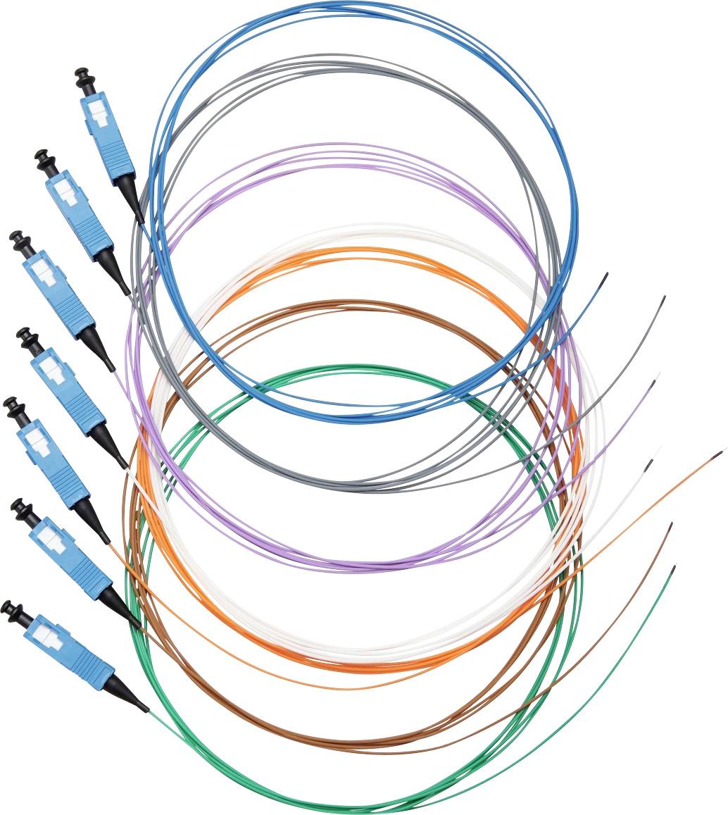 Color-coded fiber optic cables with connectors, coiled and laid out in a circular arrangement. Each cable is distinctively colored.
