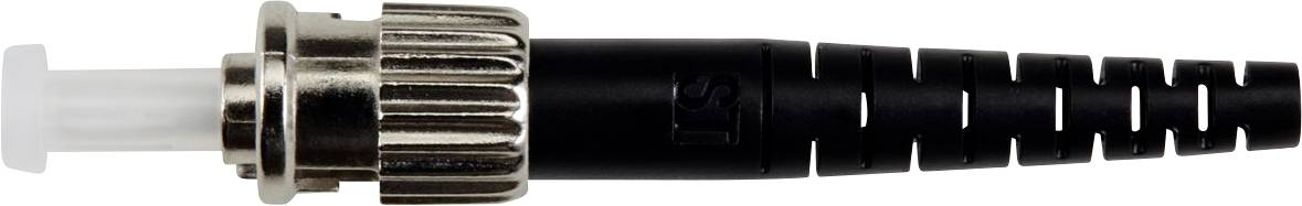 A close-up of a fiber optic connector with a metallic tip and black ribbed outer casing, used for high-speed data transmission.