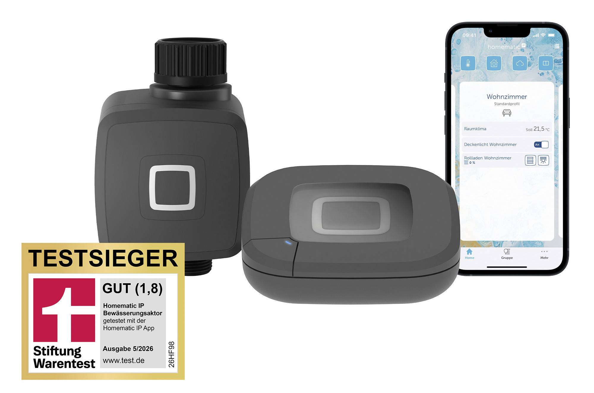 Intelligenter Heizkörper-Thermostat mit App auf einem Telefon und Stiftung Warentest „TESTSIEGER