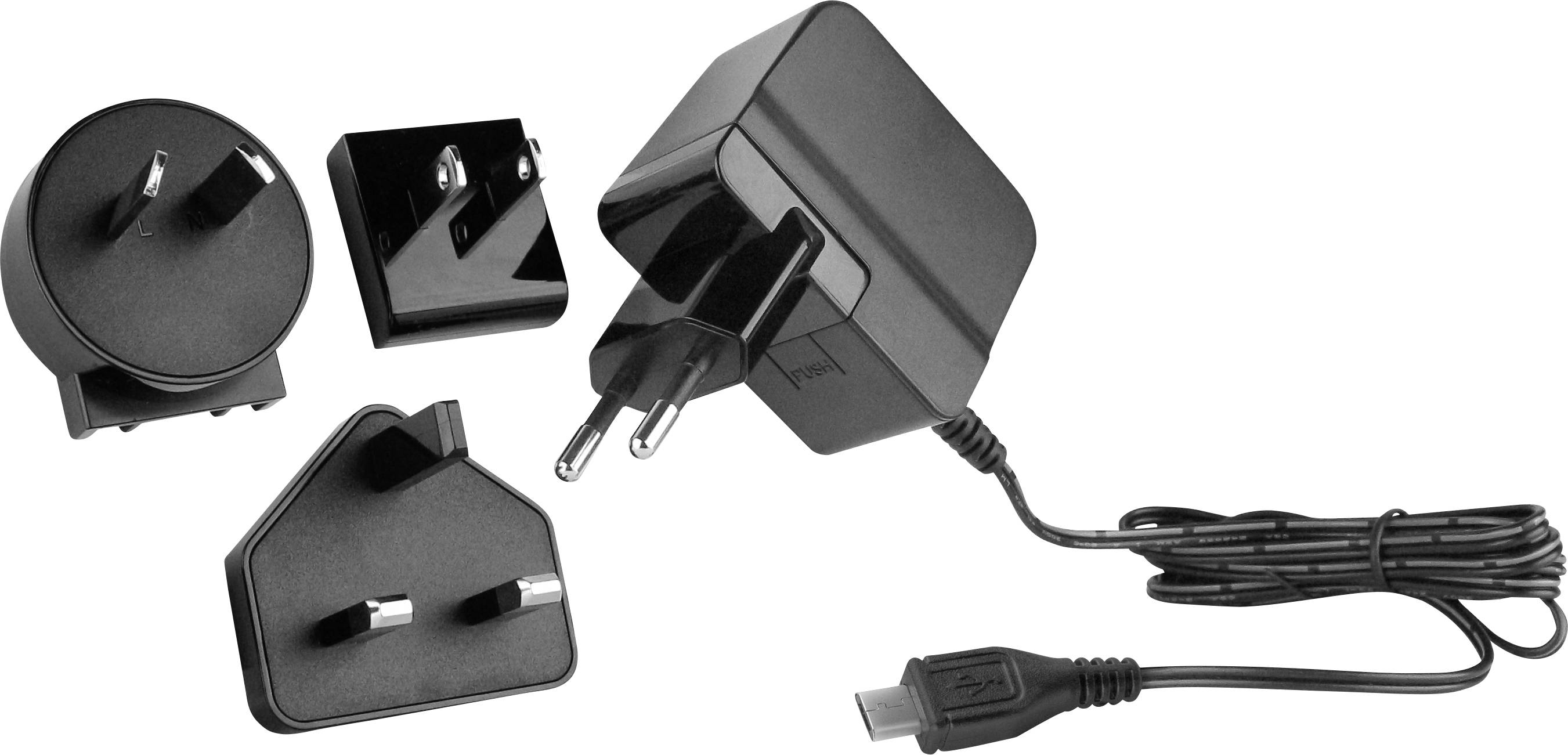 A black multi-voltage power adapter with interchangeable plugs for different countries, including types A, C, and G, shown with a USB connector.