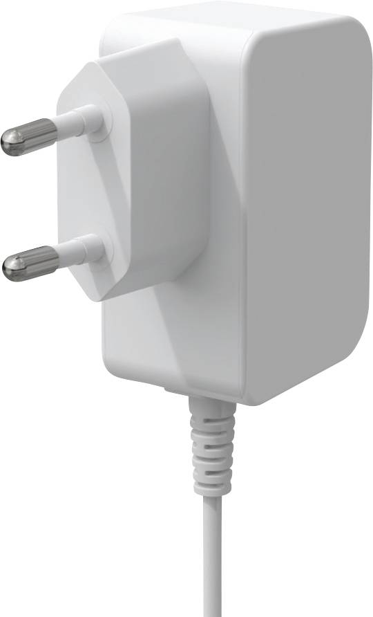 A white electrical plug adapter with two metal prongs and an attached cord, typically used for connecting electronics to a power outlet.