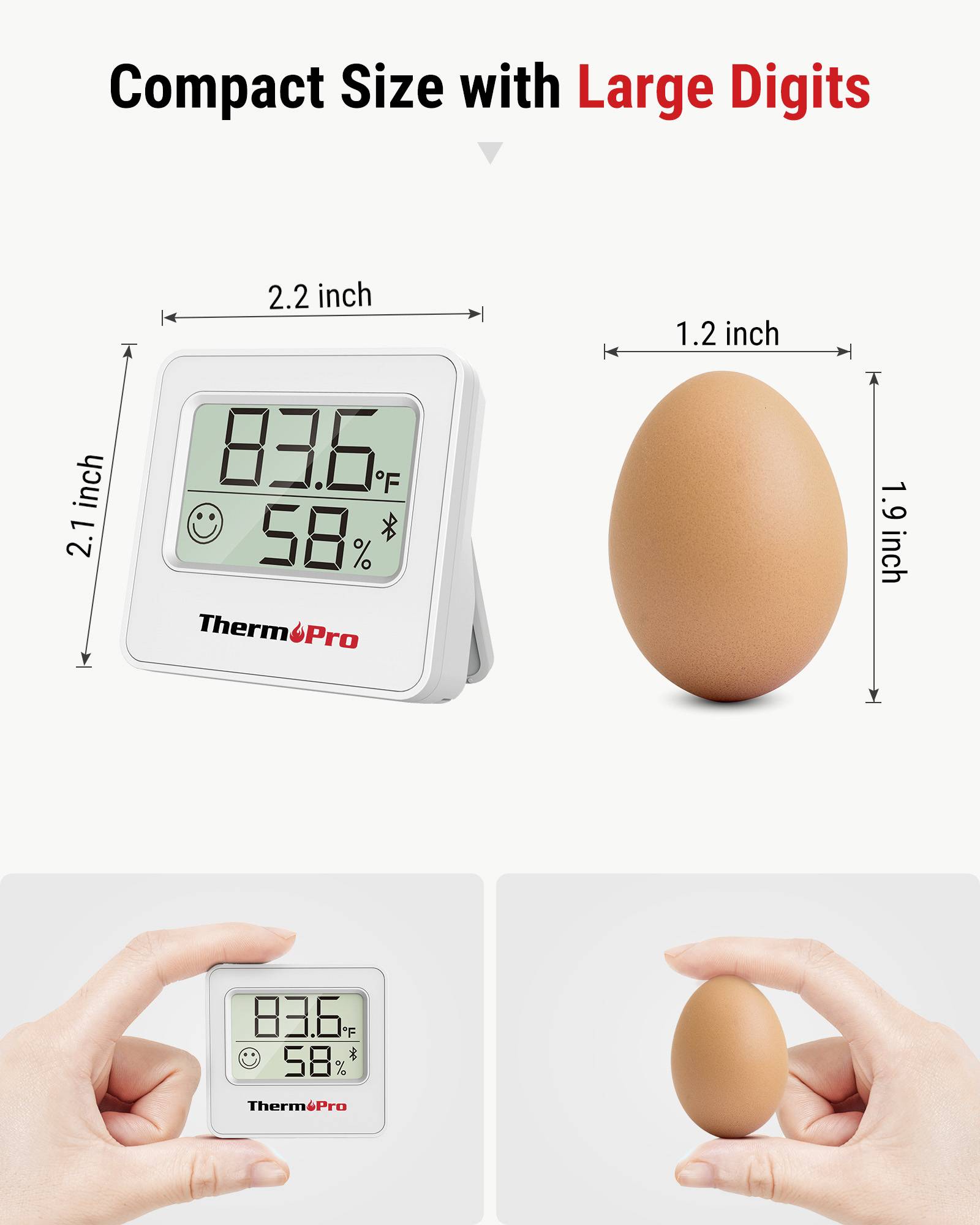 Digital thermometer-hygrometer 'ThermoPro' showing 83.6°F and 58% humidity, alongside an egg for scale comparison.