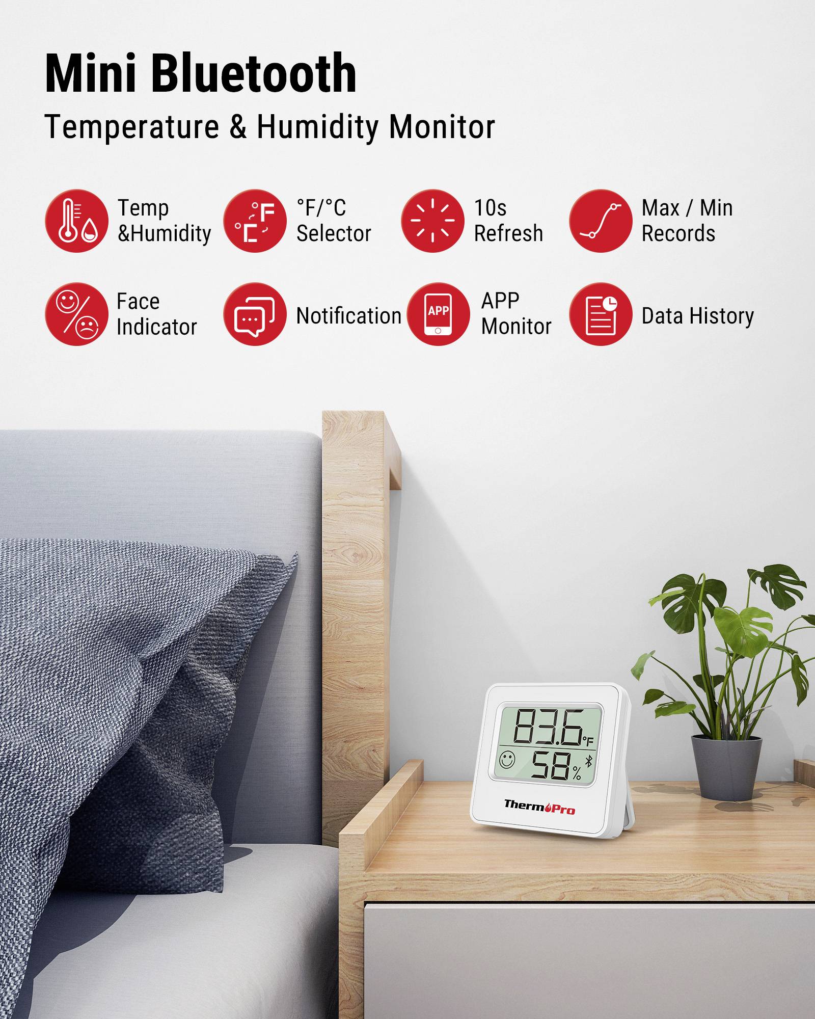'Mini Bluetooth Temperature & Humidity Monitor' features digital display, app monitoring, 10s refresh, data history, and more on bedside table.