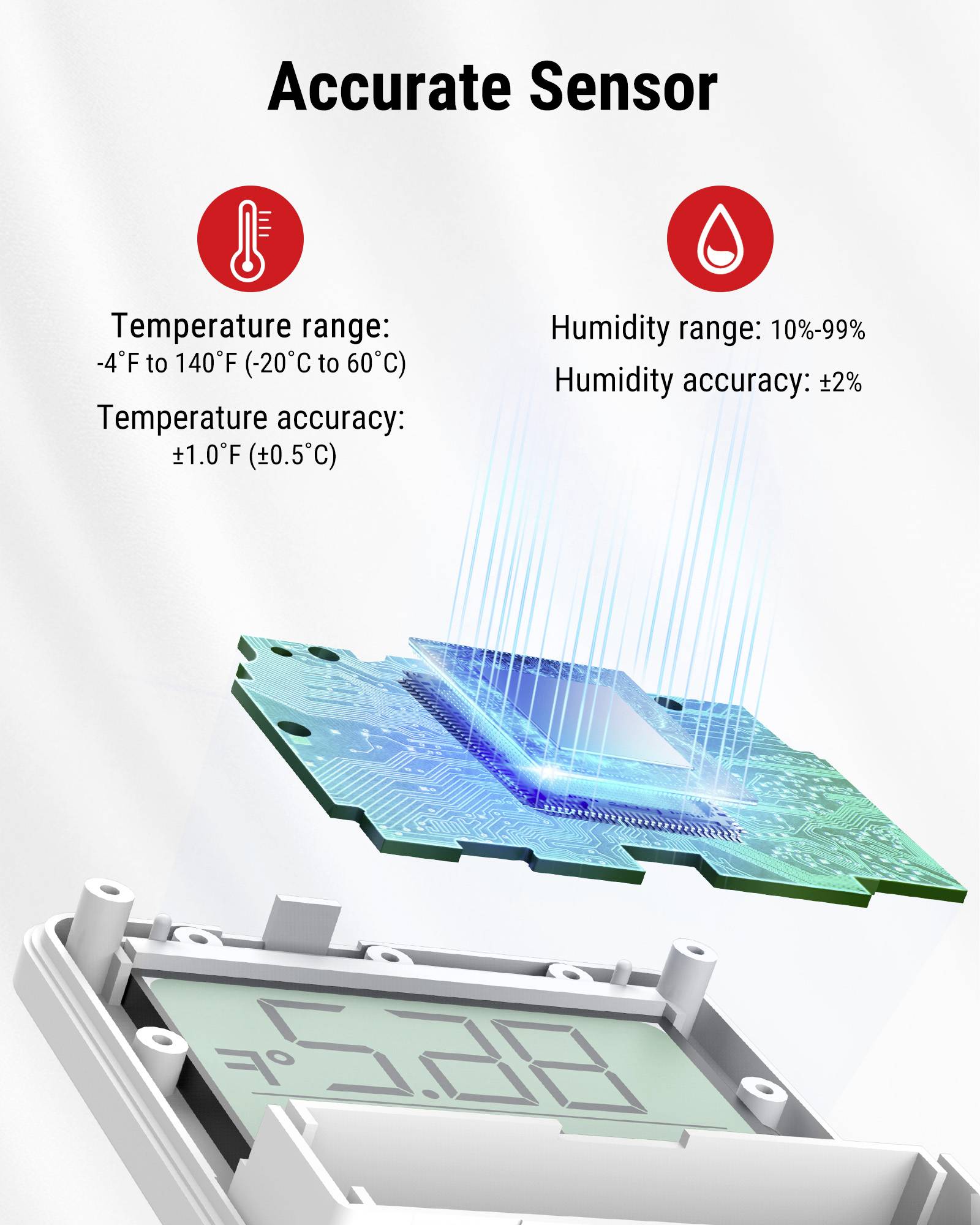 'Accurate Sensor' image showing a digital display and circuit board. Temperature range: -4°F to 140°F, accuracy: ±1.0°F. Humidity range: 10%-99%, accuracy: ±2%.