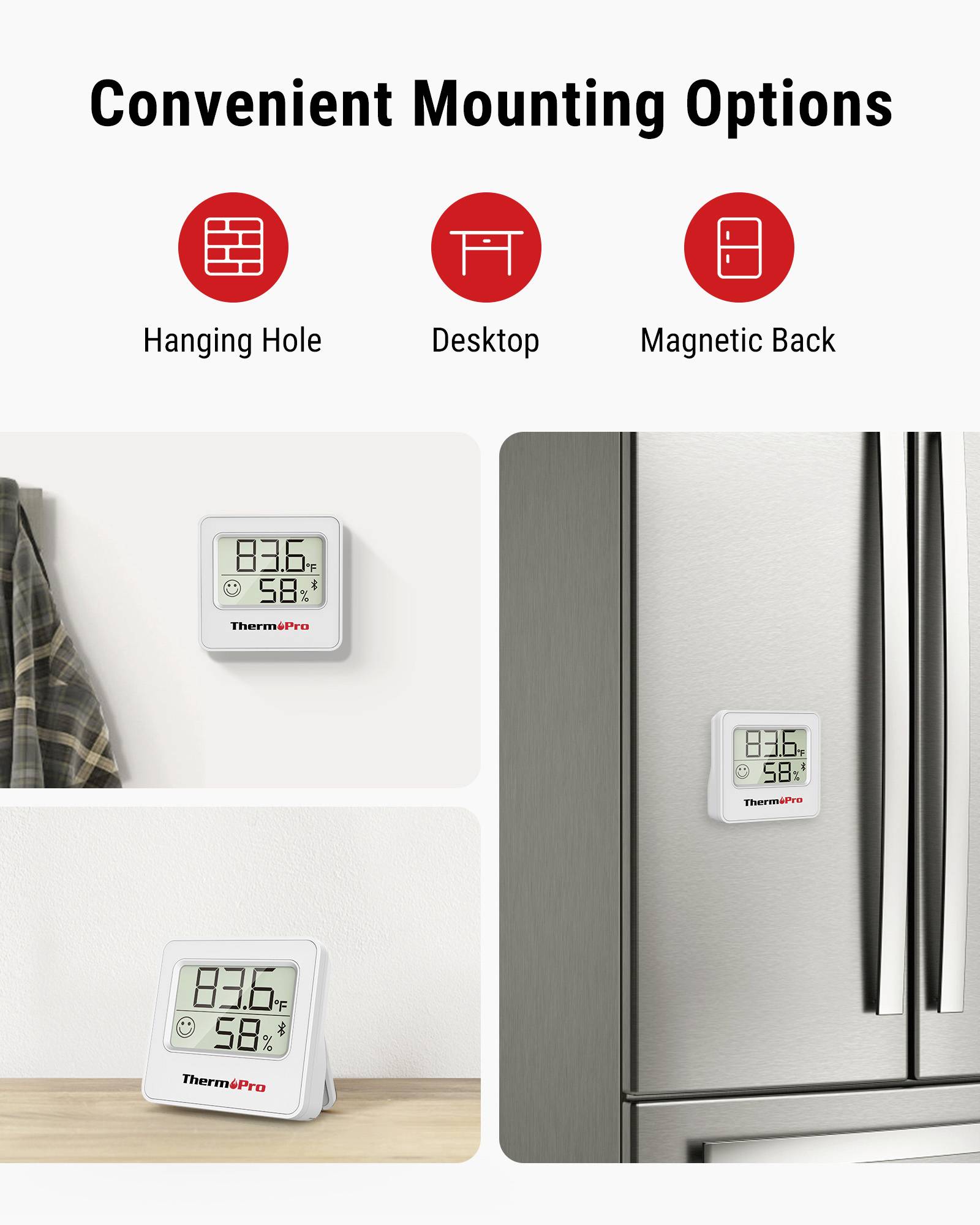 'Convenient Mounting Options': Images show a digital thermometer with three mounting styles: hanging hole, desktop stand, and magnetic back.