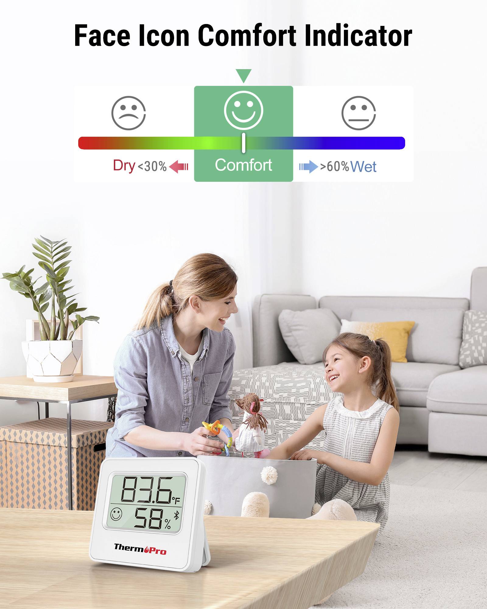 A woman and girl in a living room check a digital thermometer showing 83.6°F and 58% humidity. A 'Face Icon Comfort Indicator' shows comfort in green.