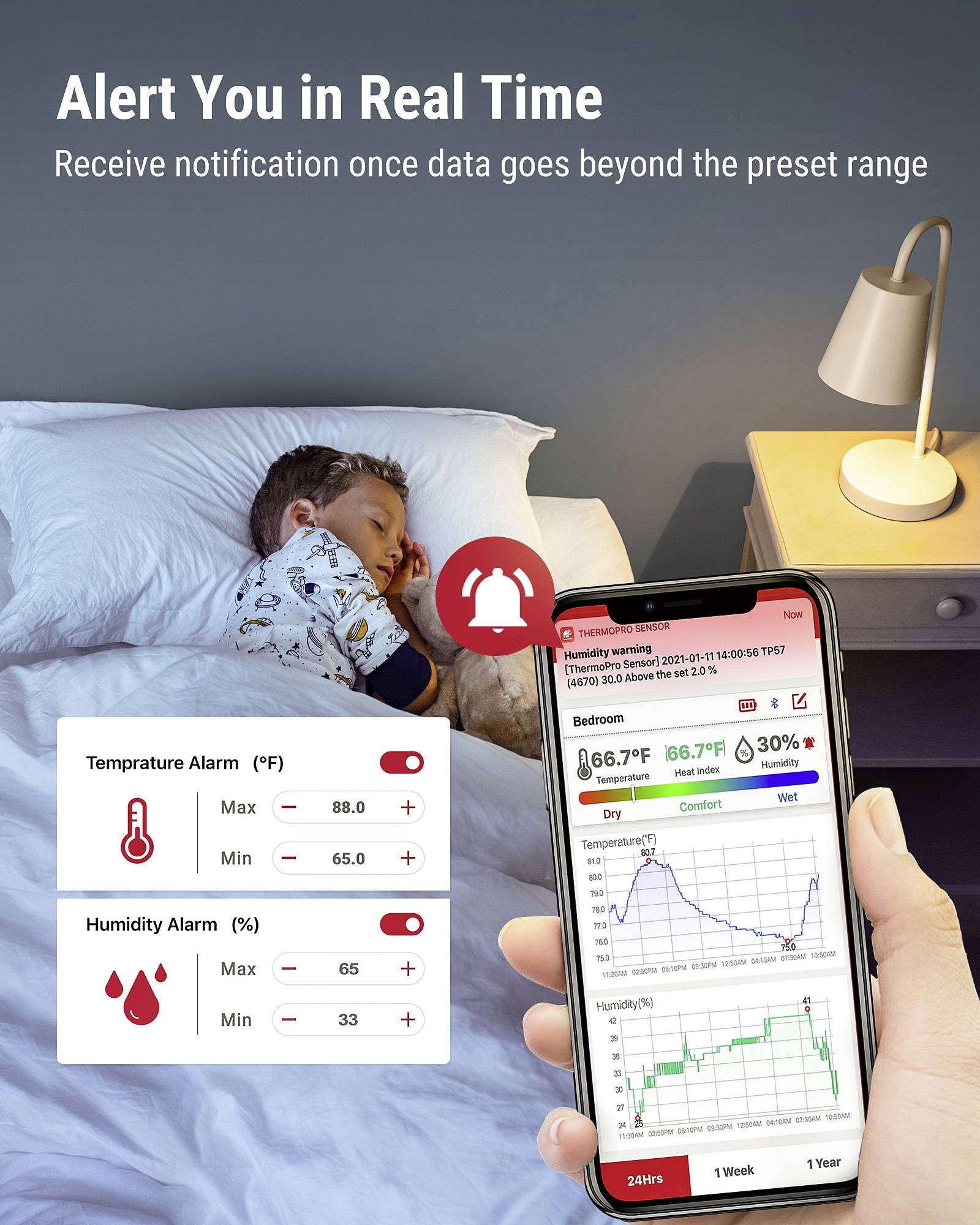 A sleeping child in bed, a hand holds a smartphone displaying an alert for high temperature and humidity. Lamp on bedside table.