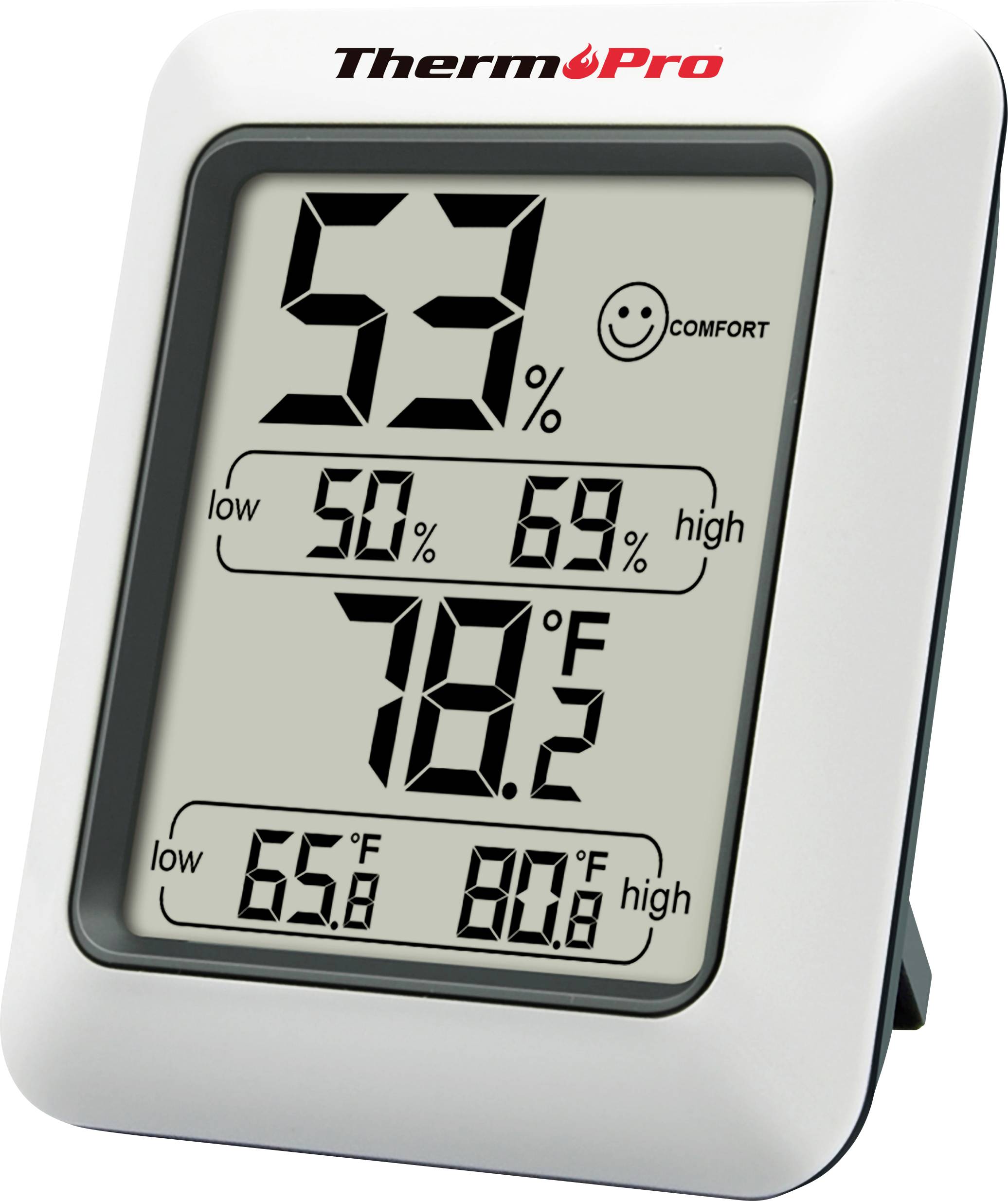 Digital hygrometer displaying '53% humidity' with comfort icon, temperature '78°F', and historical low/high ranges for humidity and temperature.