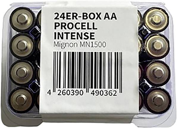 A plastic pack containing 24 AA Procell Intense batteries is shown. The label includes 'Mignon MN1500' and a barcode.